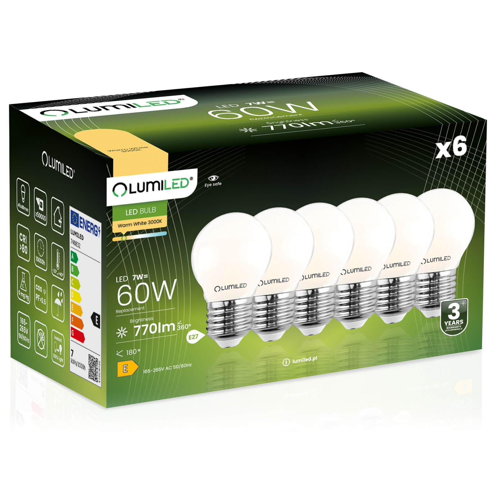 6x Żarówka Lumiled LED E27 Kulka P45 7W = 60W 806lm 3000K Ciepła 360st Filament