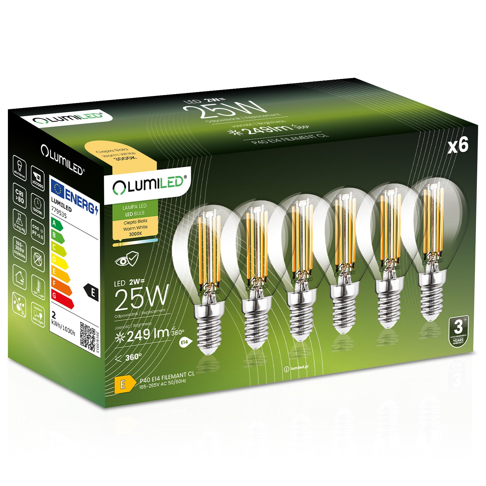 Żarówka LED Lumiled E14 Kulka P45 2W 249lm 3000K Ciepła biel 360st Filament 6 szt.