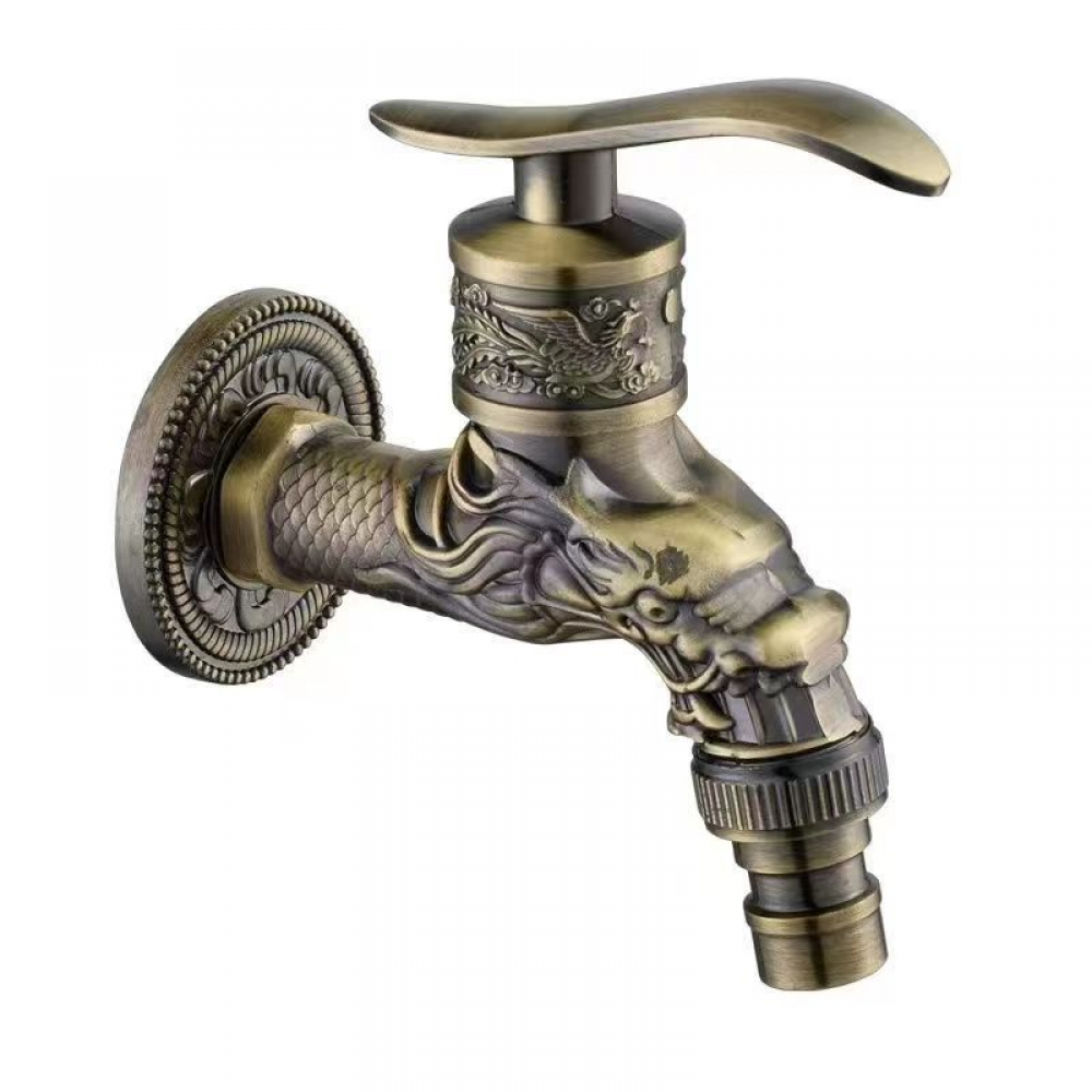 Vintage mosiężny kran ścienny, kran G1/2", kran ogrodowy do kuchni łazienka rzeźbiona w antycznej miedzi ze smokiem
