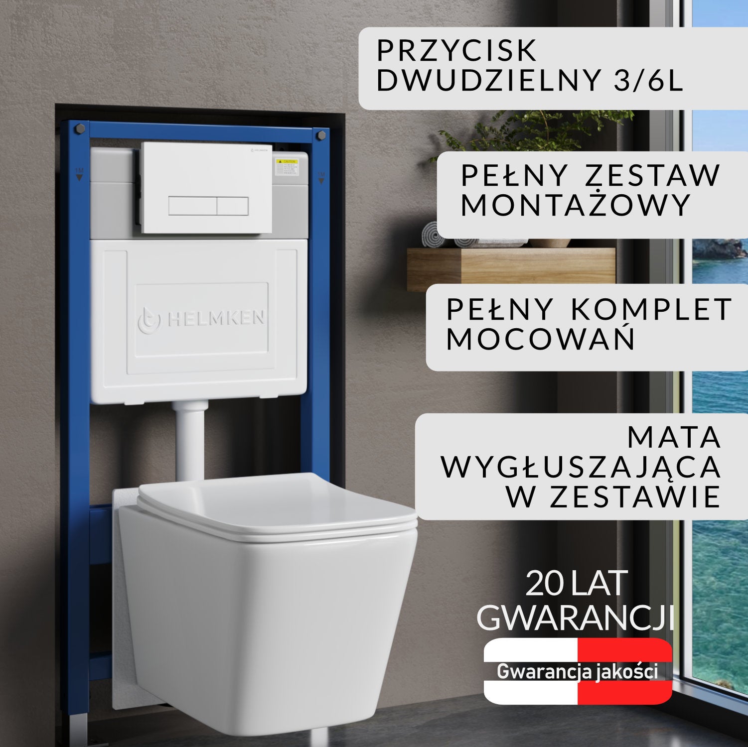 Stelaż podtynkowy WC Helmken 35120001 Zestaw 5w1: Biały przycisk HD, Miska bezkołnierzowa Rimless, Deska wolnoopadająca, Mata
