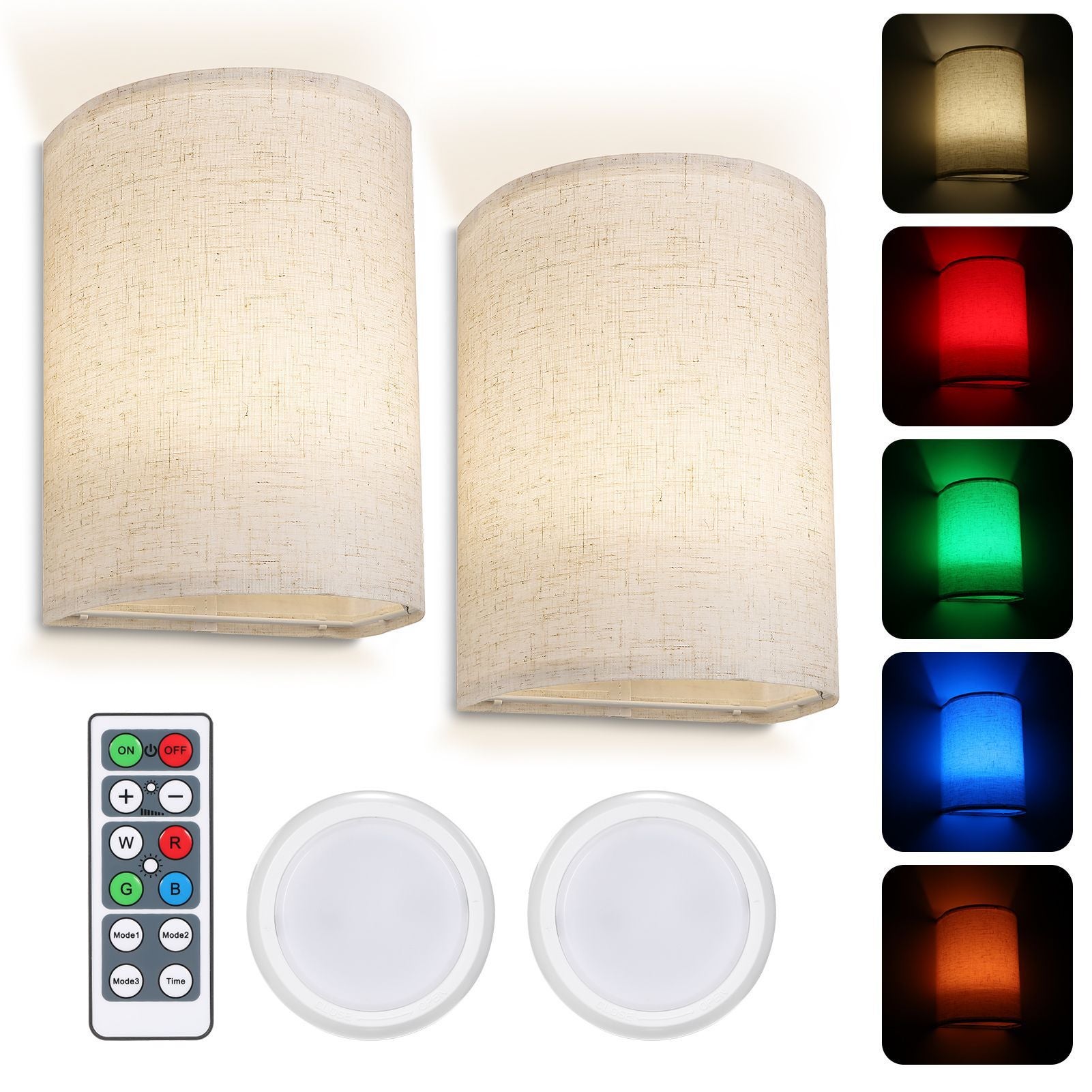 Kinkiet ścienny, zestaw 2 lamp ściennych z abażurami z tkaniny, pilotem, 16 kolorami RGB, ściemnialne oprawy ścienne