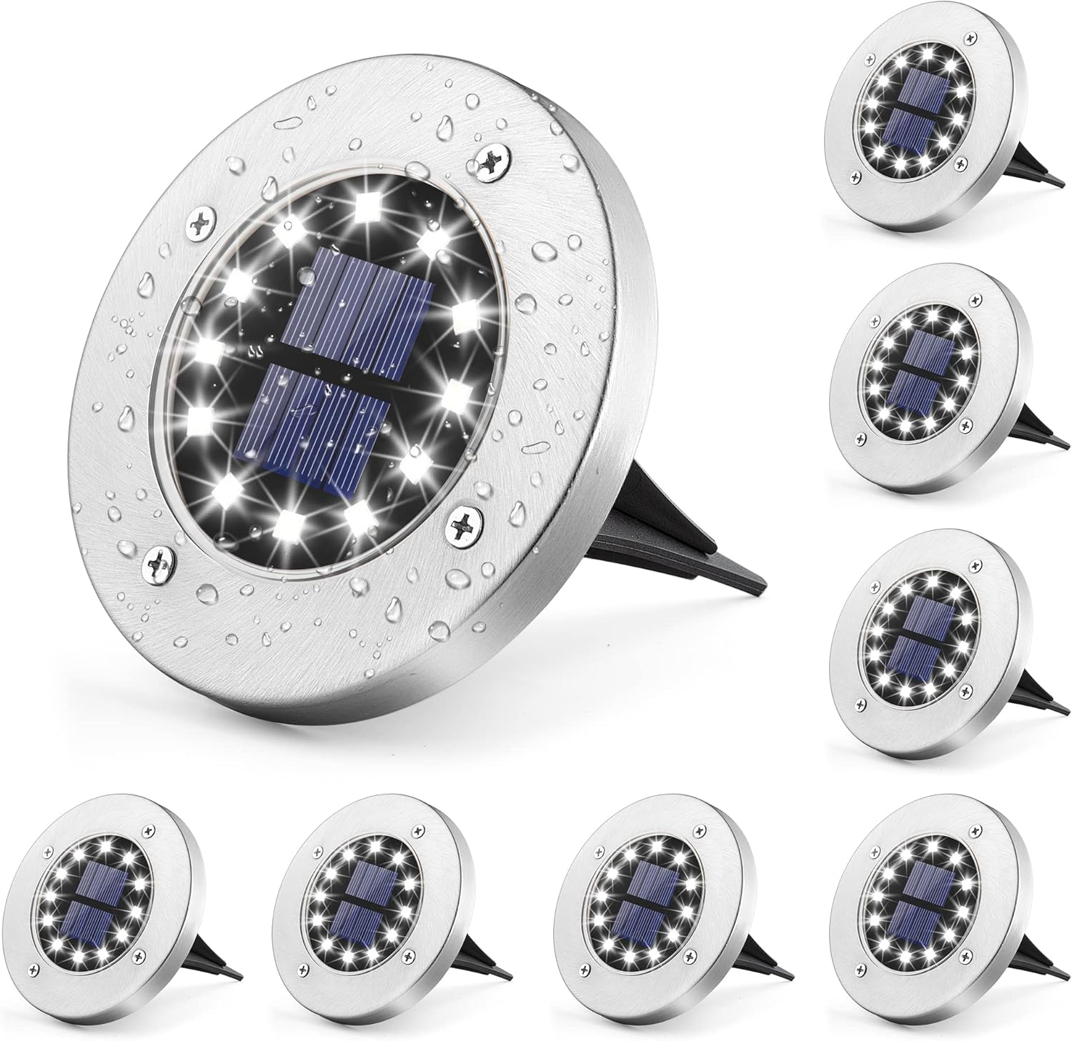 Zestaw 8 sztuk solarnych lamp ogrodowych, 12 diod LED, białe, ze stali nierdzewnej, wodoodporne, do ogrodu, na taras, trawnik, dziedziniec, podjazd
