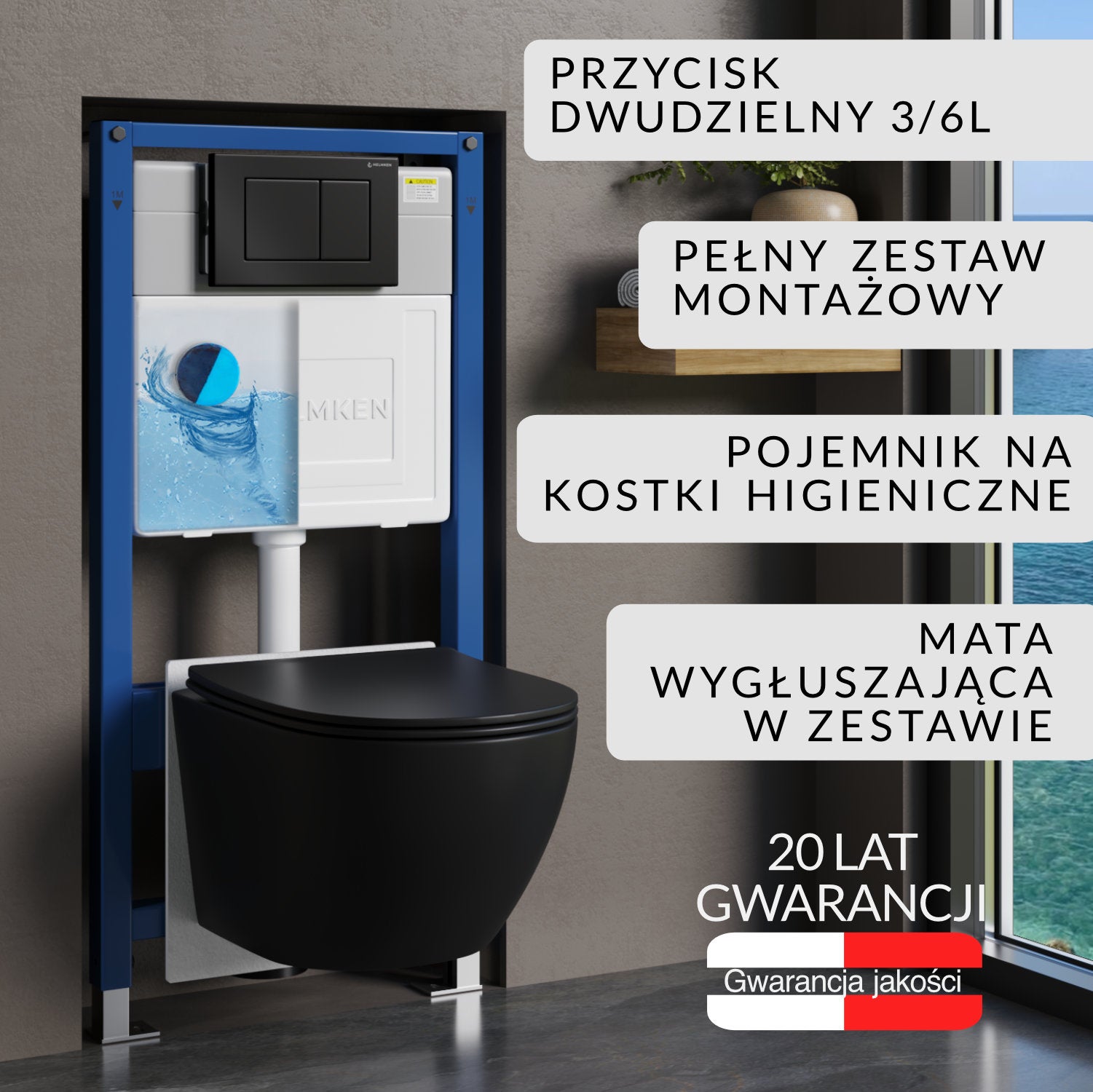 Zestaw podtynkowy WC Helmken 6w1: Stelaż, Czarny Mat Przycisk J, Miska bezkołnierzowa (Matowa Czarna), Deska wolnoopadająca, Pojemnik na kostki, Mata