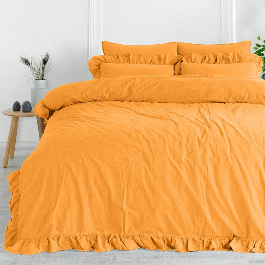 Pościel bawełniana z falbanką 220x200 Stonewashed Exclusive, Limonade, żółta - Limasso