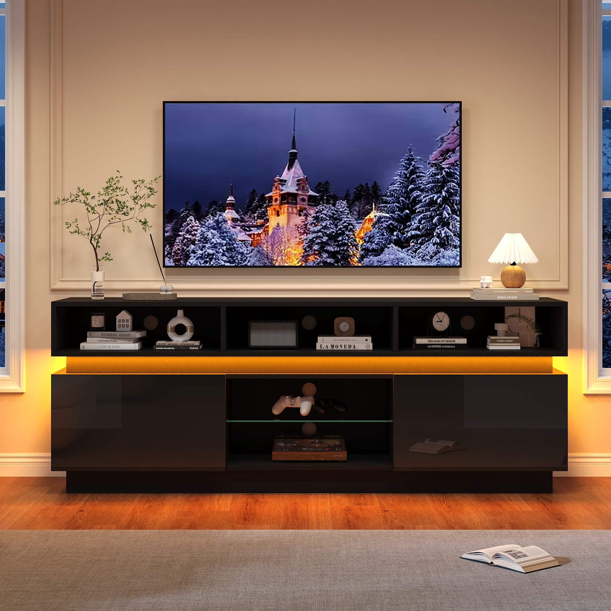 Stolik pod TV 160x35x60cm z oświetleniem LED - 2 drzwi i schowki - Wykończenie błyszczące - MDF - Czarny