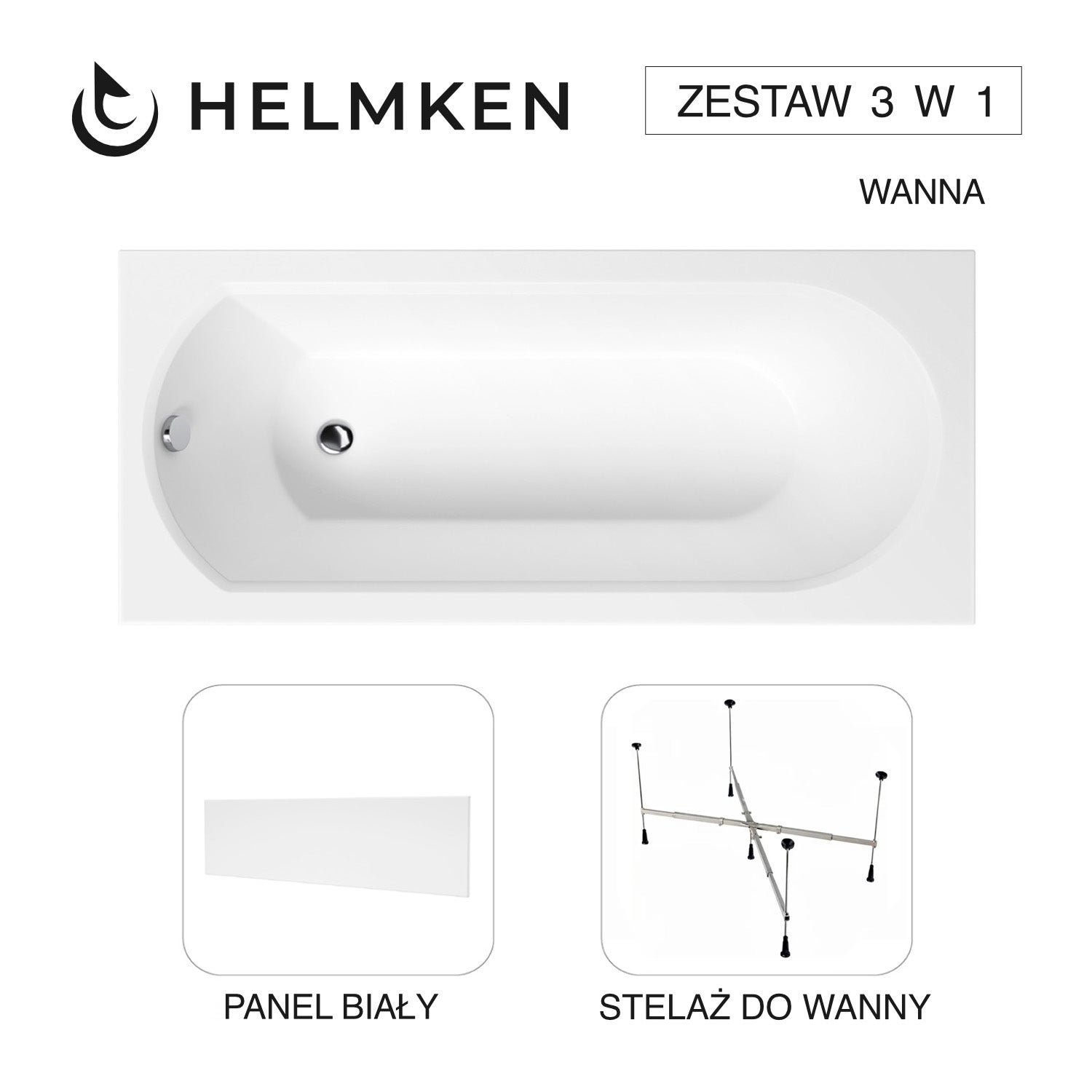 Wanna akrylowa Helmken Tressa 160 х 75 + Panel Biały + Stelaż uniwersalny do wanien Helmken 21230020 / 23097002-3S