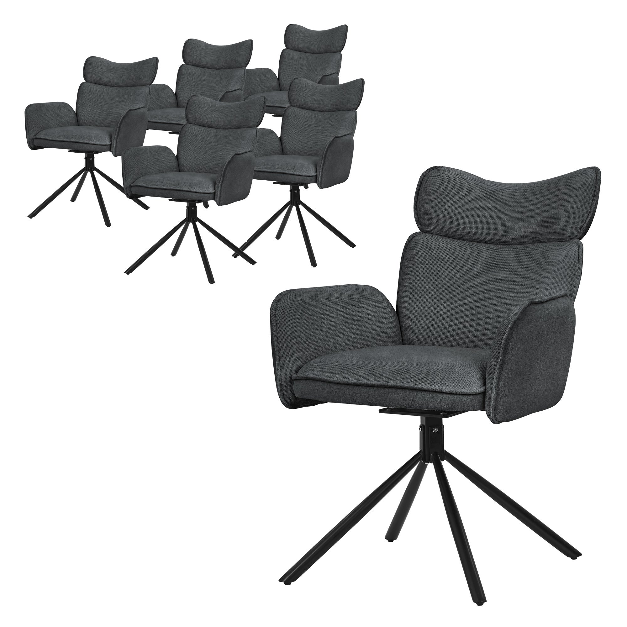 ML-Design krzesła do jadalni 6 szt obrotowe tapicerowane antracyt komfortowe fotele ergonomiczne z podłokietnikami oparciem 360° metalowe nogi