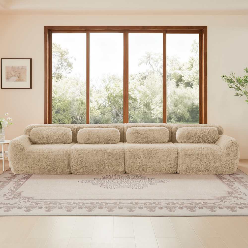 Modułowa sofa 4-osobowa z ultramiękkiej tkaniny premium z poduszkami, ergonomicznym i antypoślizgowym siedziskiem