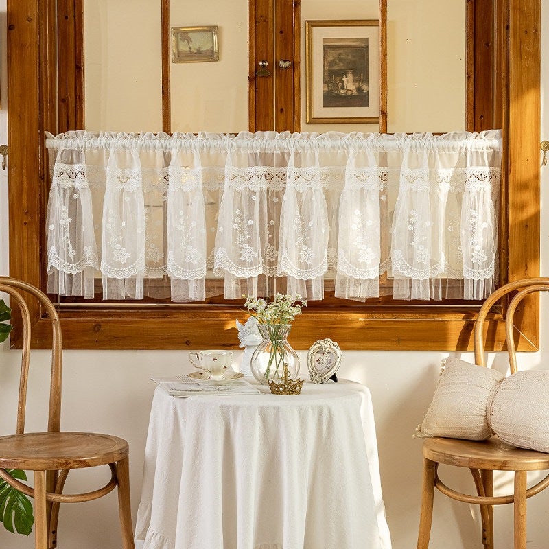 Romantyczna zasłona do kawiarni z koronką kwiatową - Krótka zasłona do kawiarni bistro z haftem kwiatowym - Mała zasłona okienna 150 x 40 cm 1 sztuka
