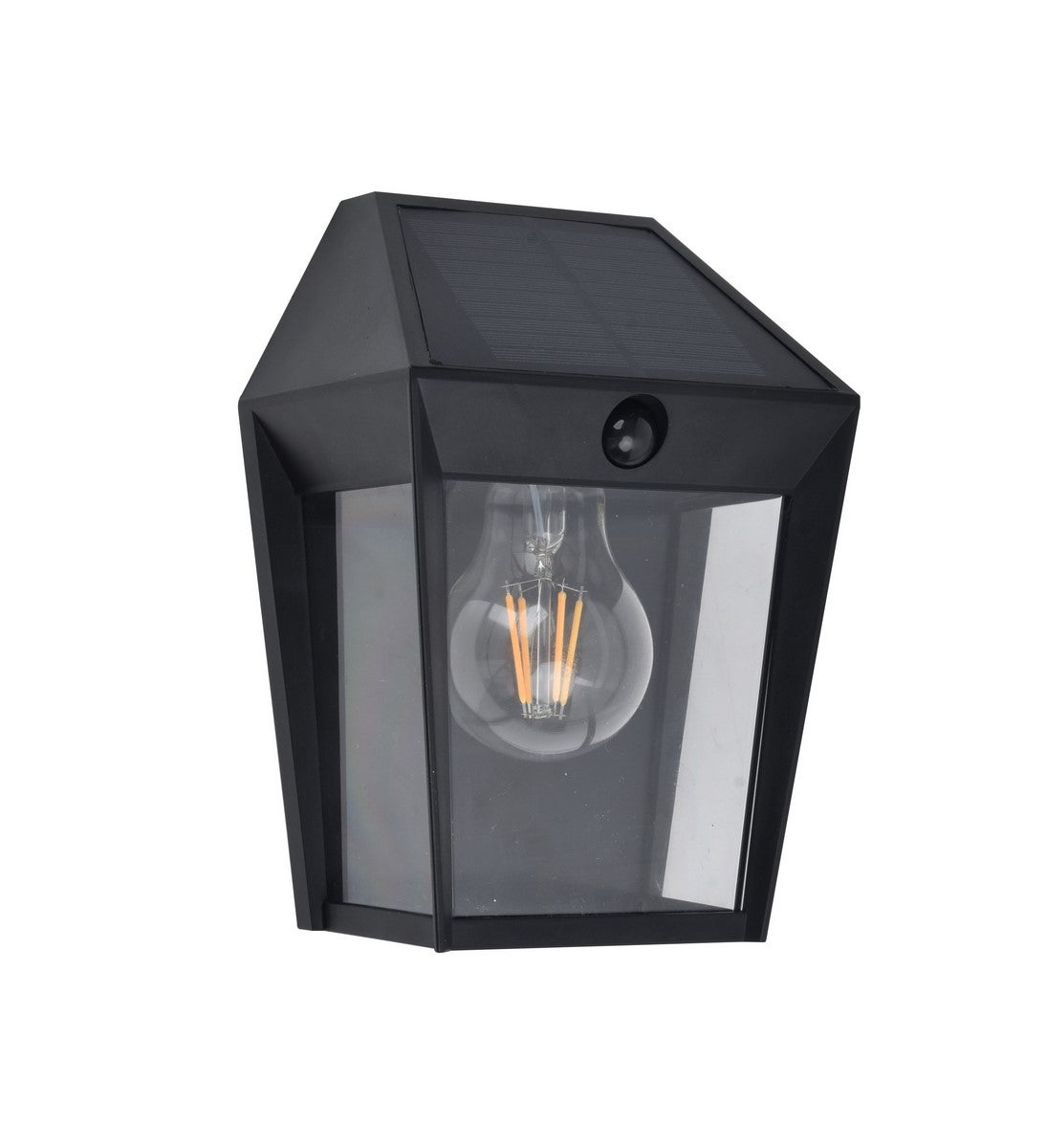 Czarna lampa ścienna zewnętrzna zasilana energią słoneczną, w stylu latarni, E27 2W, z czujnikiem ruchu