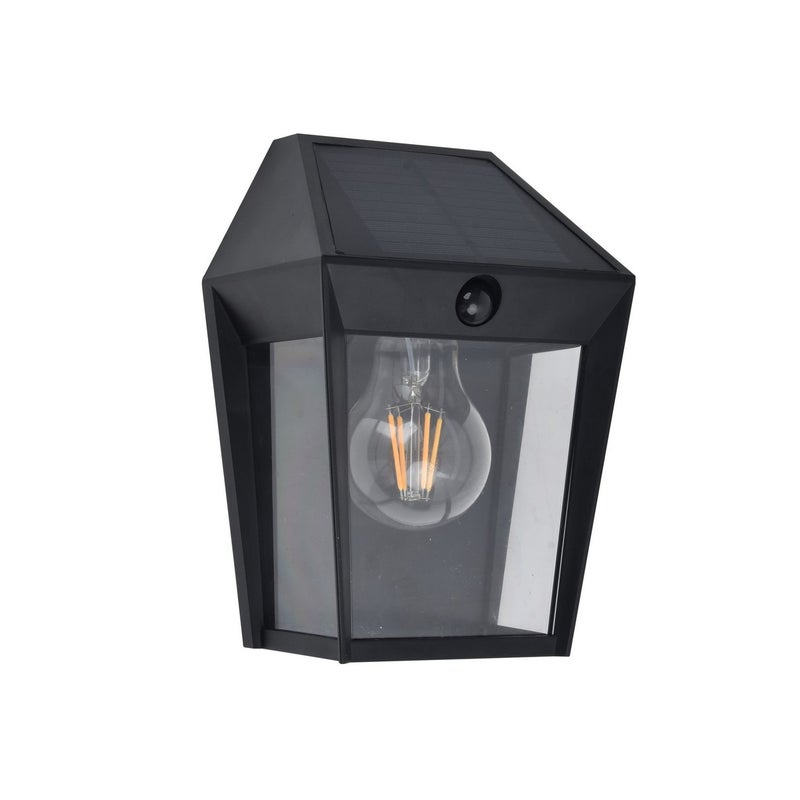 Czarna lampa ścienna zewnętrzna zasilana energią słoneczną, w stylu latarni, E27 2W, z czujnikiem ruchu