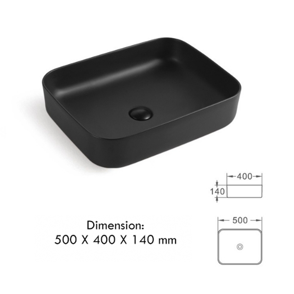 Umywalka ceramiczna nablatowa prostokątna z otworem Czarna z przelewem i syfonem 500x400x140mm
