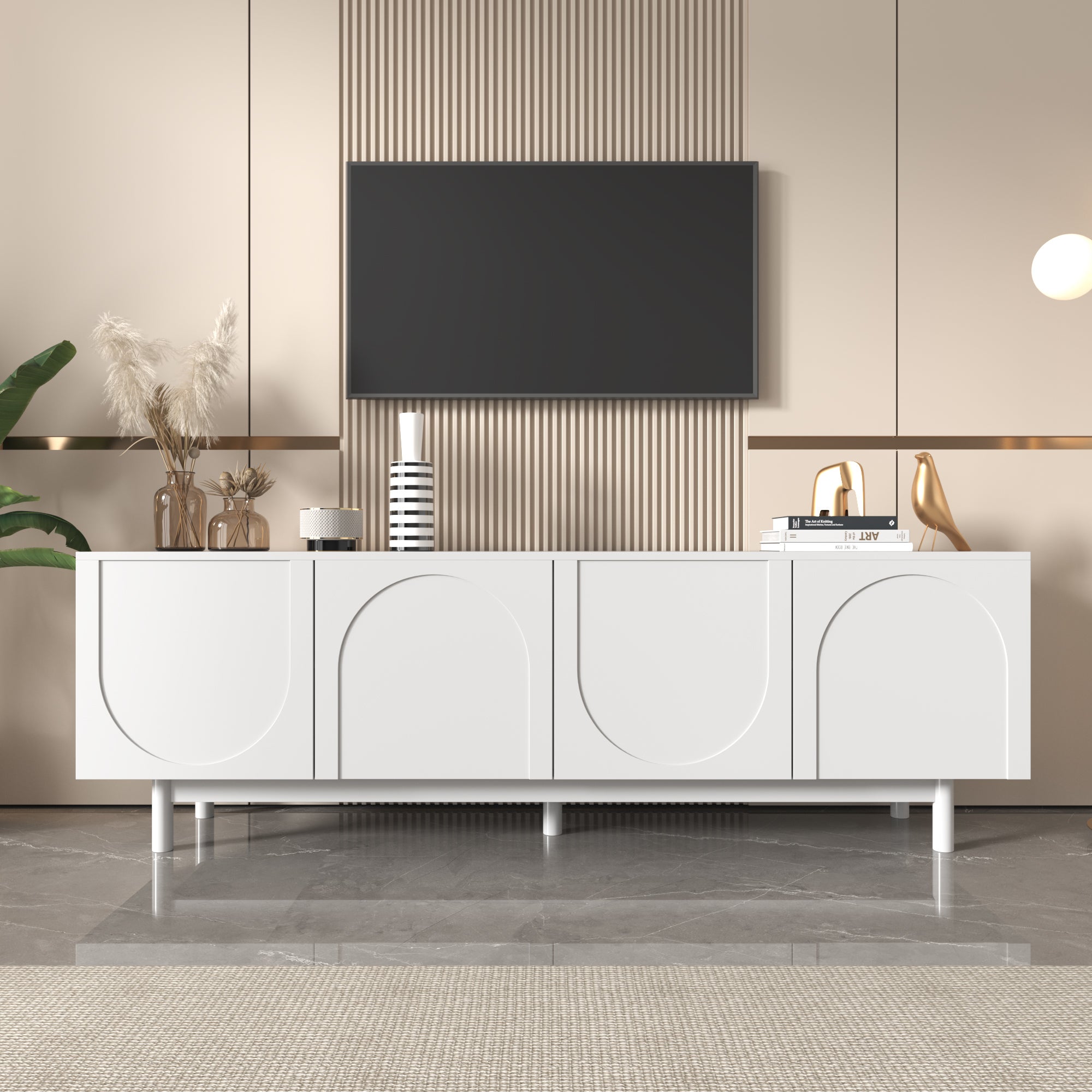 TV-Schrank Lowboard Białe - 175x38x56 cm, 4 Drzwi, Regał Regulowalny, MDF