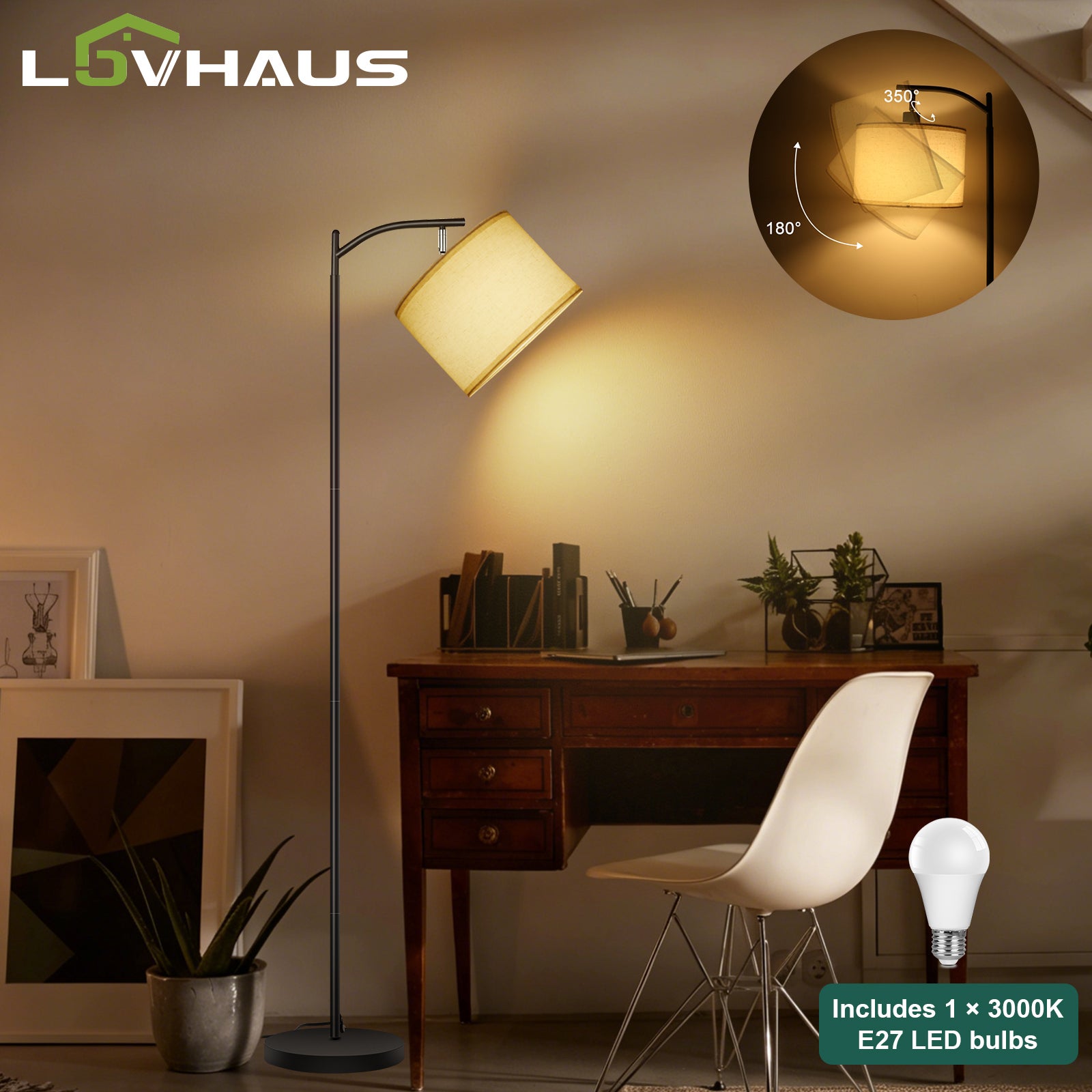 Lampa podłogowa 170 cm czarna lampa łukowa salon, lampa do czytania sypialnia biuro, styl industrialny, abażur beżowy, LED E27 w zestawie, LOVHAUS