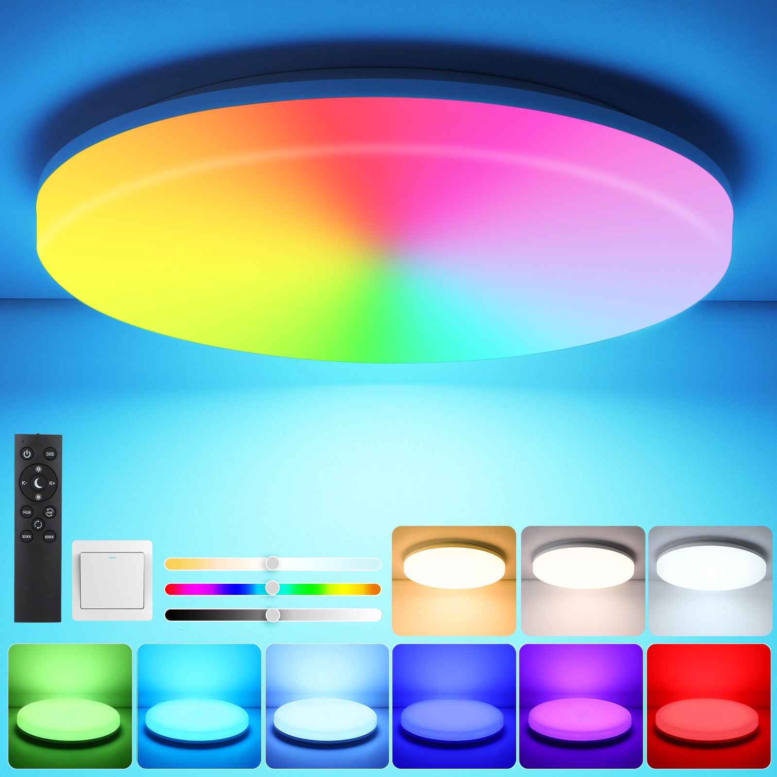 LOVHAUS Plafon LED Ściemnialny 18W 1800LM, 3000K-6500K, Pilot Zdalnego Sterowania, Lampa RGB IP44 Do Sypialni, Kuchni, Hoteli