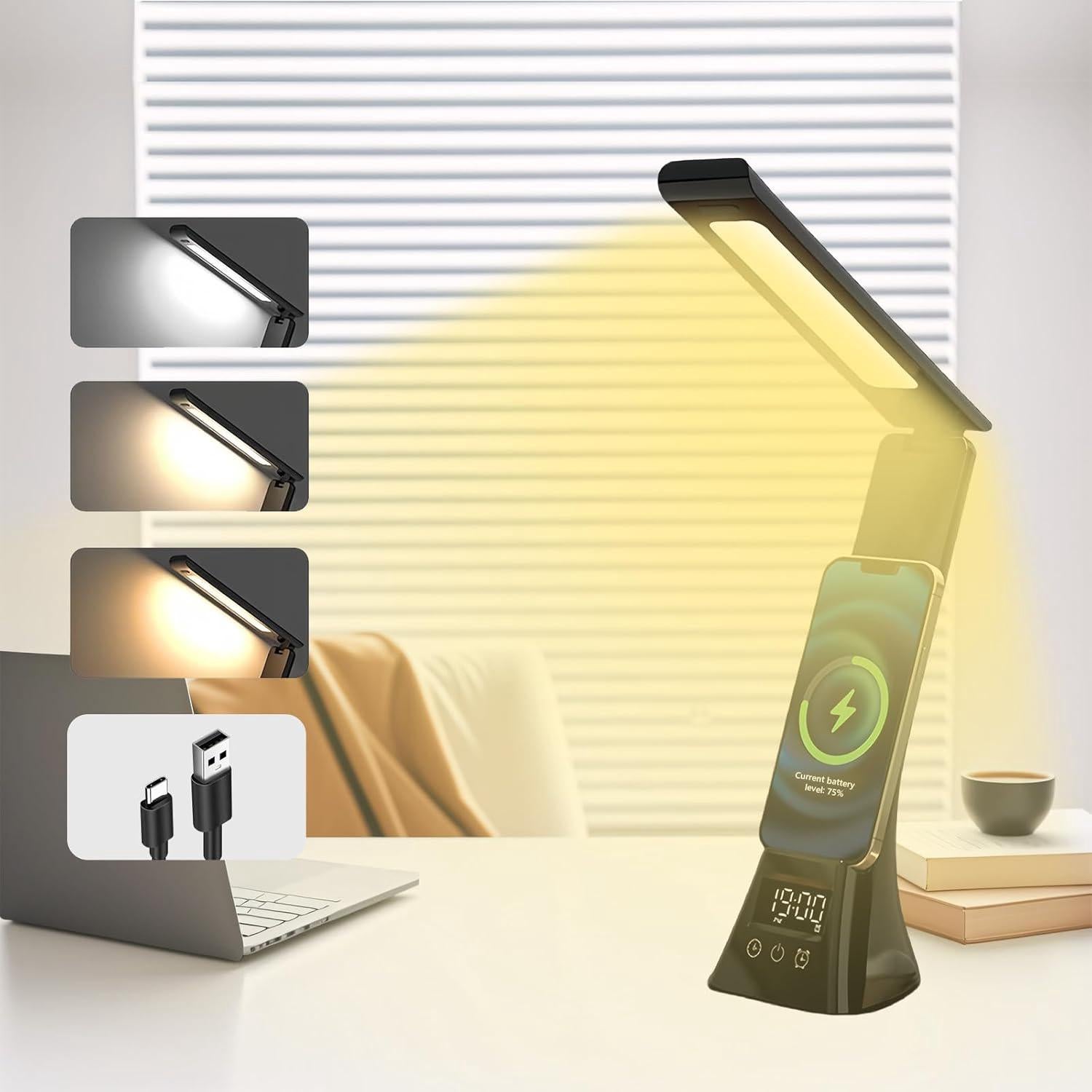 Lampka biurkowa LED, akumulatorowa bezprzewodowa lampka biurkowa LED, ściemnialna, z 3 trybami kolorów, lampa dotykowa z timerem i pamięcią, dla dziec