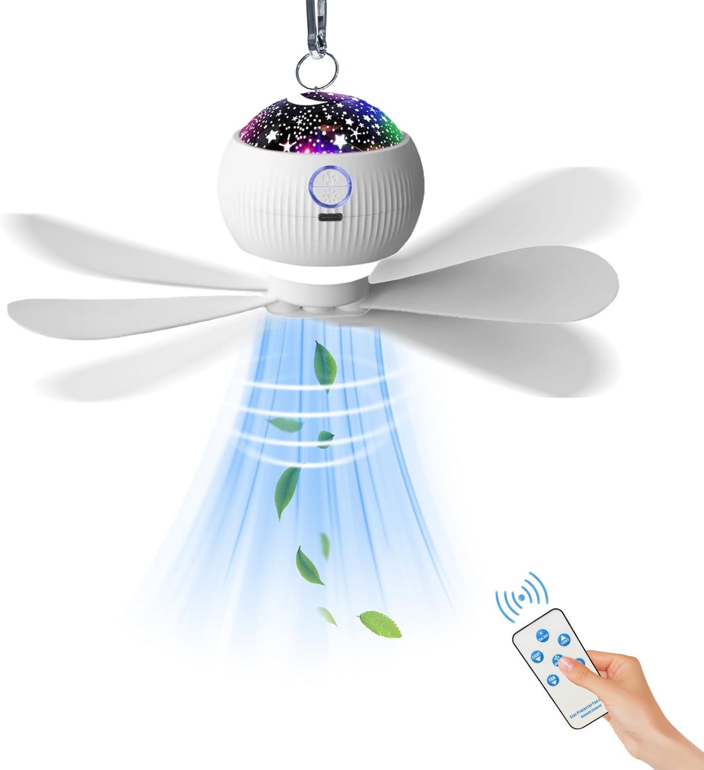 Wentylator sufitowy ze światłem i projekcją gwiazd, wentylator kempingowy LED z pilotem, akumulatorowy wentylator do namiotu 3000 mAh