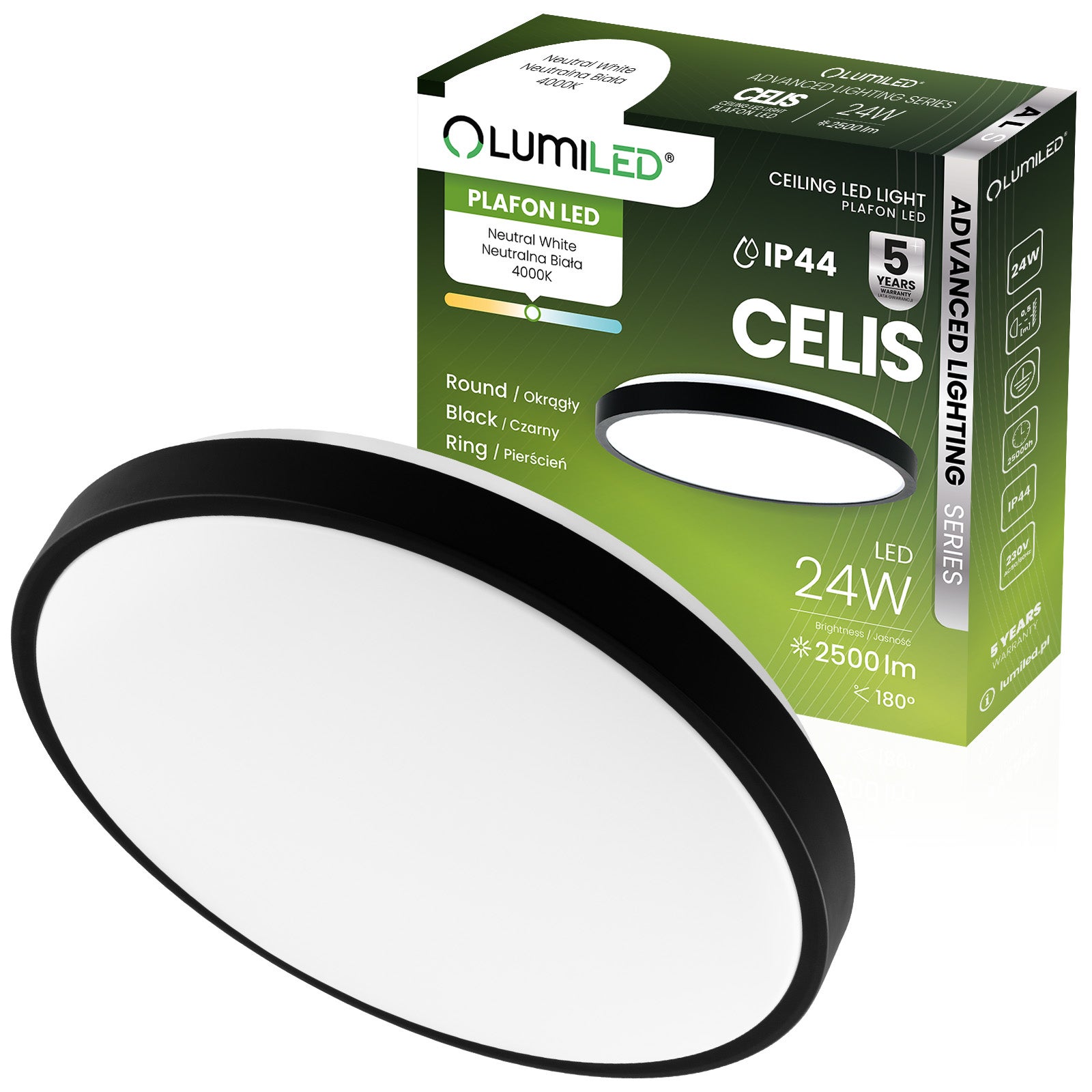 Plafon Lumiled Lampa Sufitowa Natynkowa 24W 4000K Neutralna biel Okrągły IP44 Czarny 1 szt.