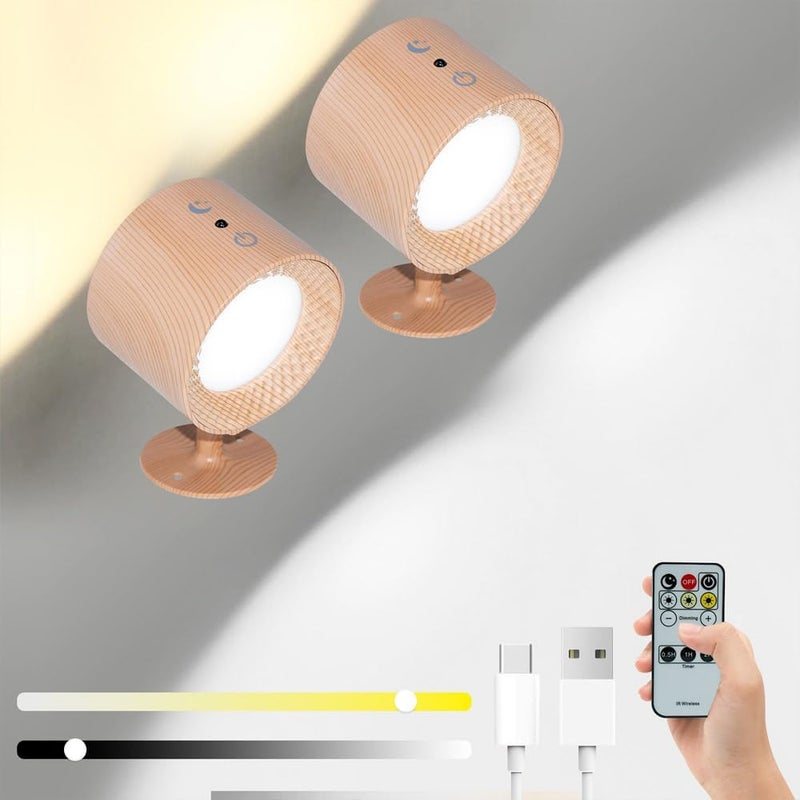 Lampa ścienna ładowana przez USB, obrót o 360°, oświetlenie dwustronne, 3 temperatury barwowe (słoje drewna, 2 szt.)