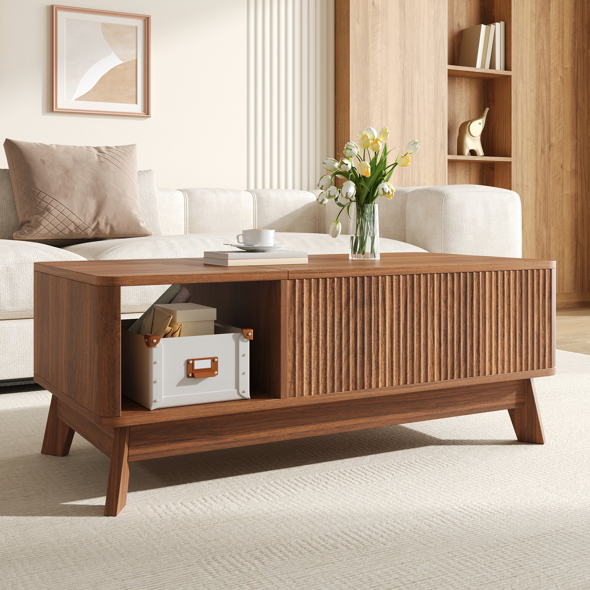 Stolik kawowy z podnoszonym blatem 95x48x50 cm - Falisty wzór - Otwarte boczne schowki - Płyta MDF - Brązowy