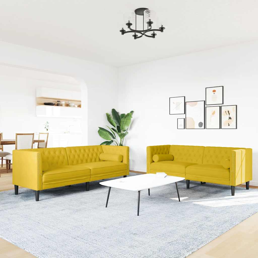 2-cz. wypoczynek Chesterfield z wałkami, żółty, aksamit