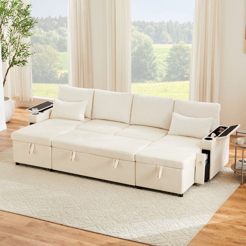 Sofa 4-osobowa w kształcie U - z uchwytami na kubki - z poduszkami - beżowa