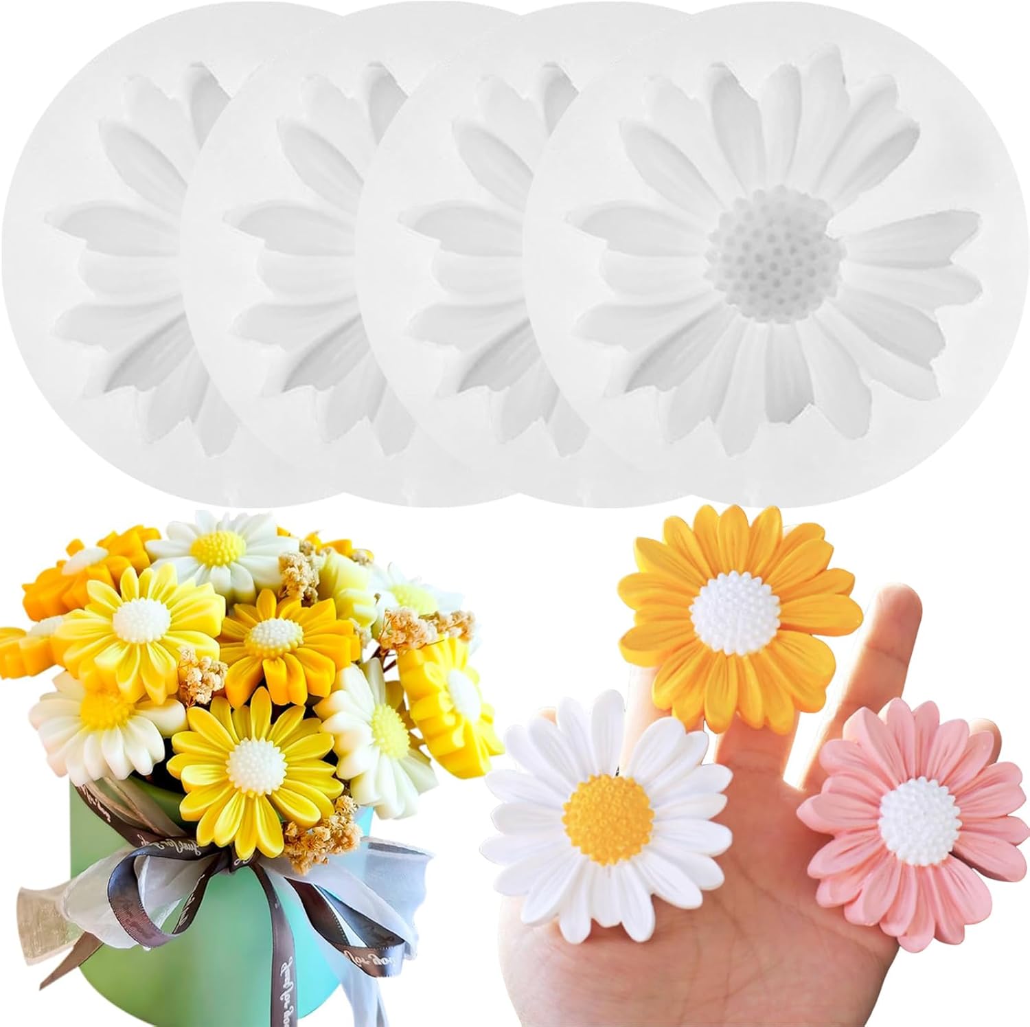 Zestaw 4 silikonowych foremek 3D Daisy, foremki Daisy do świec, foremki na świece, foremki do fondantu w kształcie kwiatu Daisy, foremki