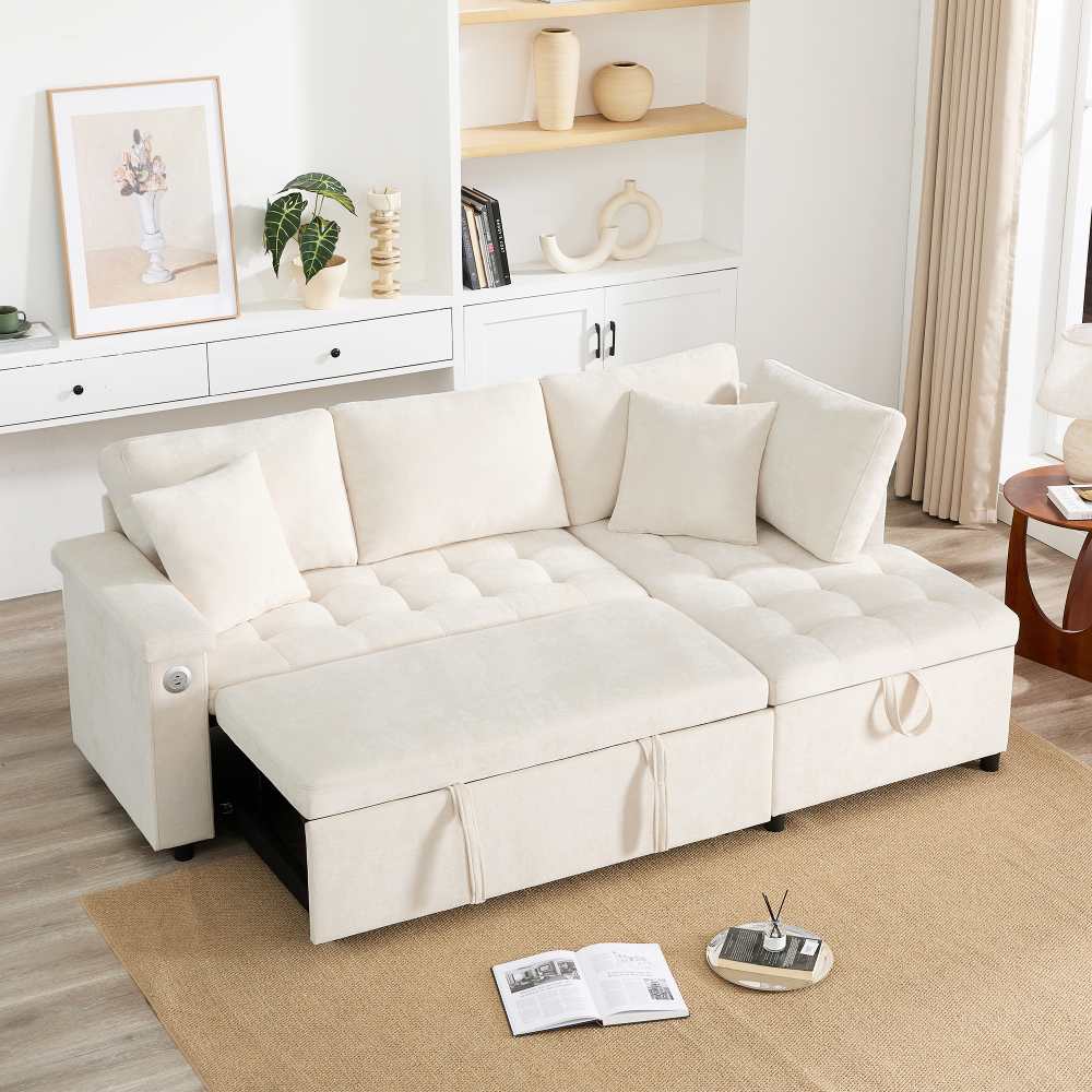 Nowoczesna sofa w kształcie litery L z rozkładaną częścią do spania, miękką tapicerką z szenili, wbudowaną przestrzenią do przechowywania