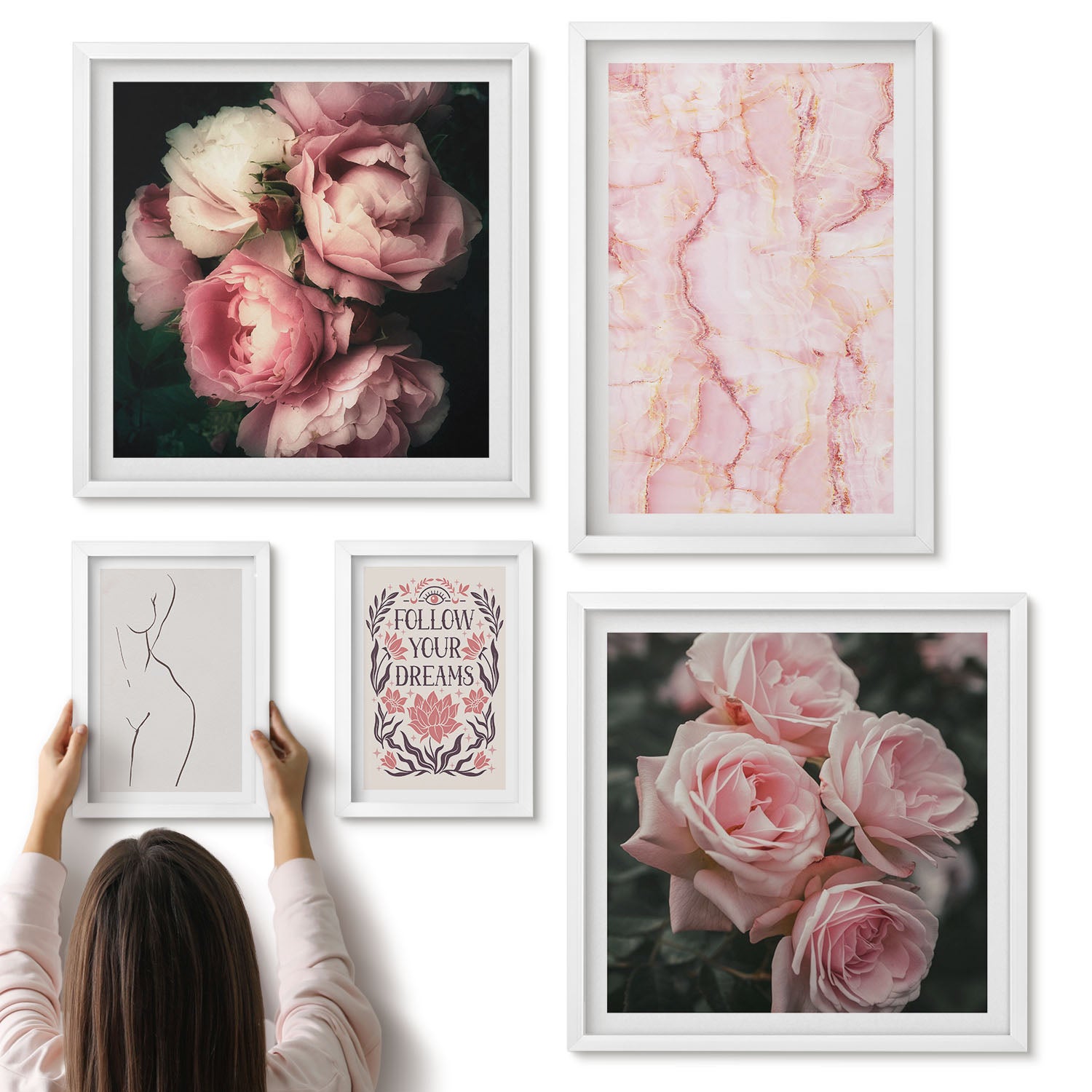Galeria ścienna 5-częściowy komplet obrazów w białych ramach - Różowe kwiaty i minimalistyczne formy w stylu boho - ArtPrintCave