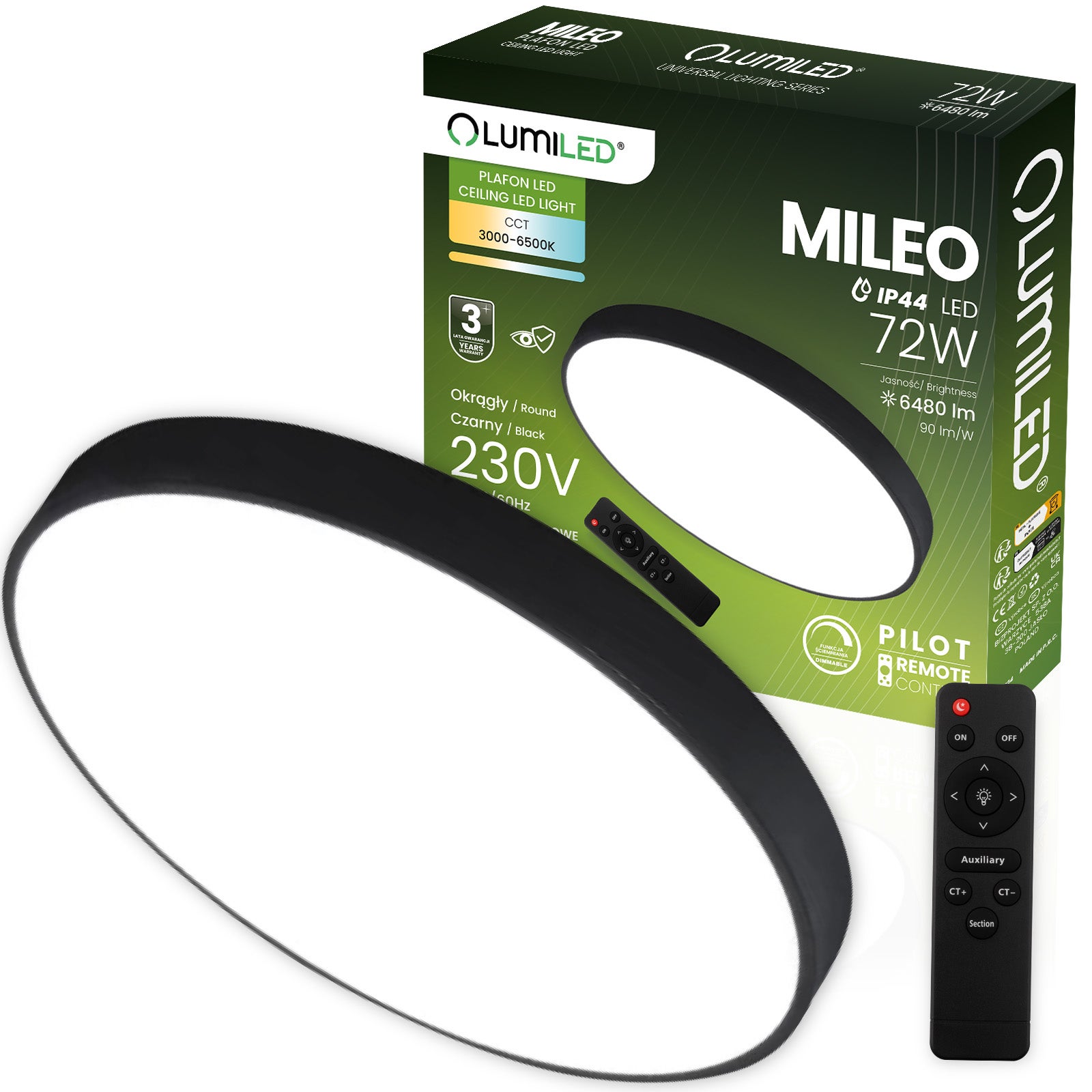 Plafon Lumiled Lampa Sufitowa Natynkowa 72W IP44 CCT Biały Okrągły 50cm z Pilotem 1 szt.