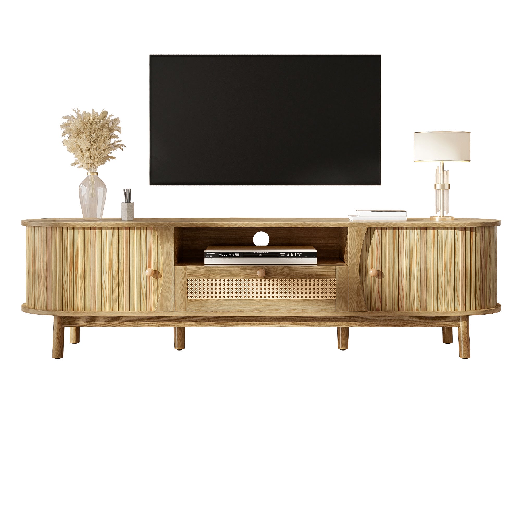 Nowoczesna szafka RTV z 2 drzwiami przesuwnymi, 1 szufladą z rattanu i 1 przegrodą - 165 x 37 x 46 cm - MDF - do salonu - Naturalna