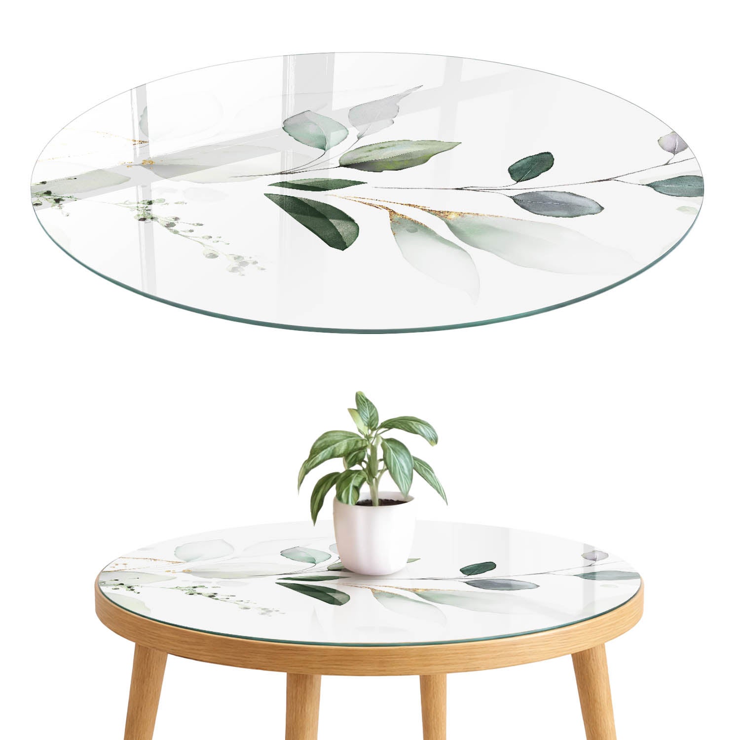 Hartowany blat szklany z printem - stylowa osłona zniszczonego lub starego blatu fi70 cm Liście elegancja