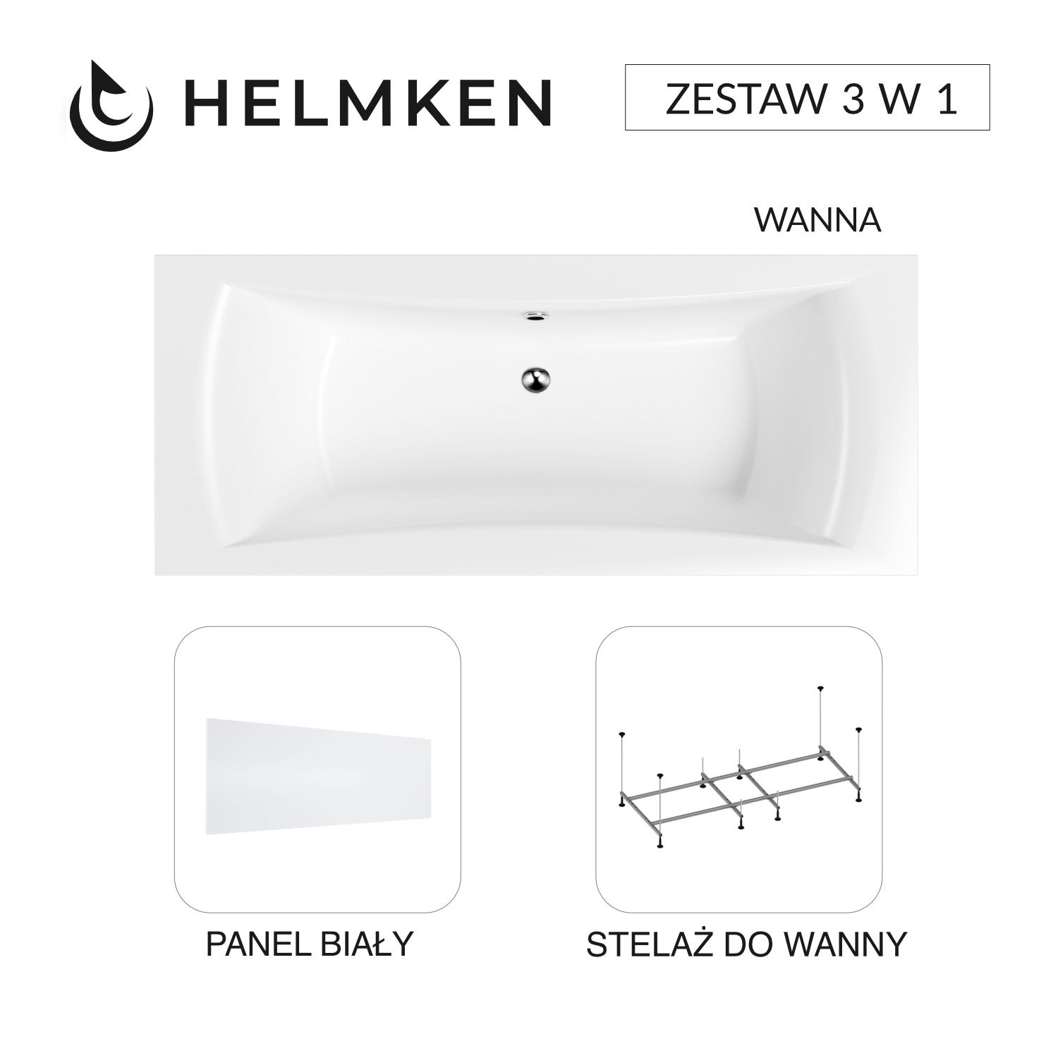 Wanna akrylowa Helmken Belgravia 200x90 + Panel Biały + Stelaż do wanien Helmken 21210023 / 35110200-3S