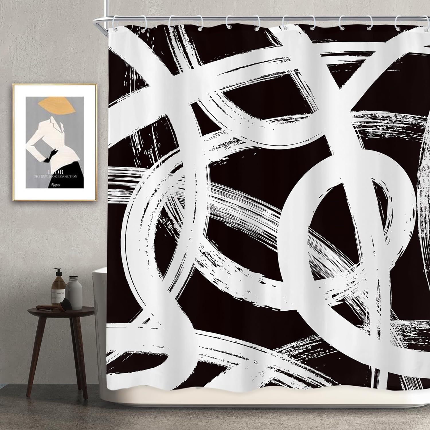 Czarno-biała abstrakcyjna zasłona prysznicowa, 180 x 180 cm (szer. x dł.) - Prosty geometryczny wzór - Nowoczesne graffiti - Minimalistyczny design -