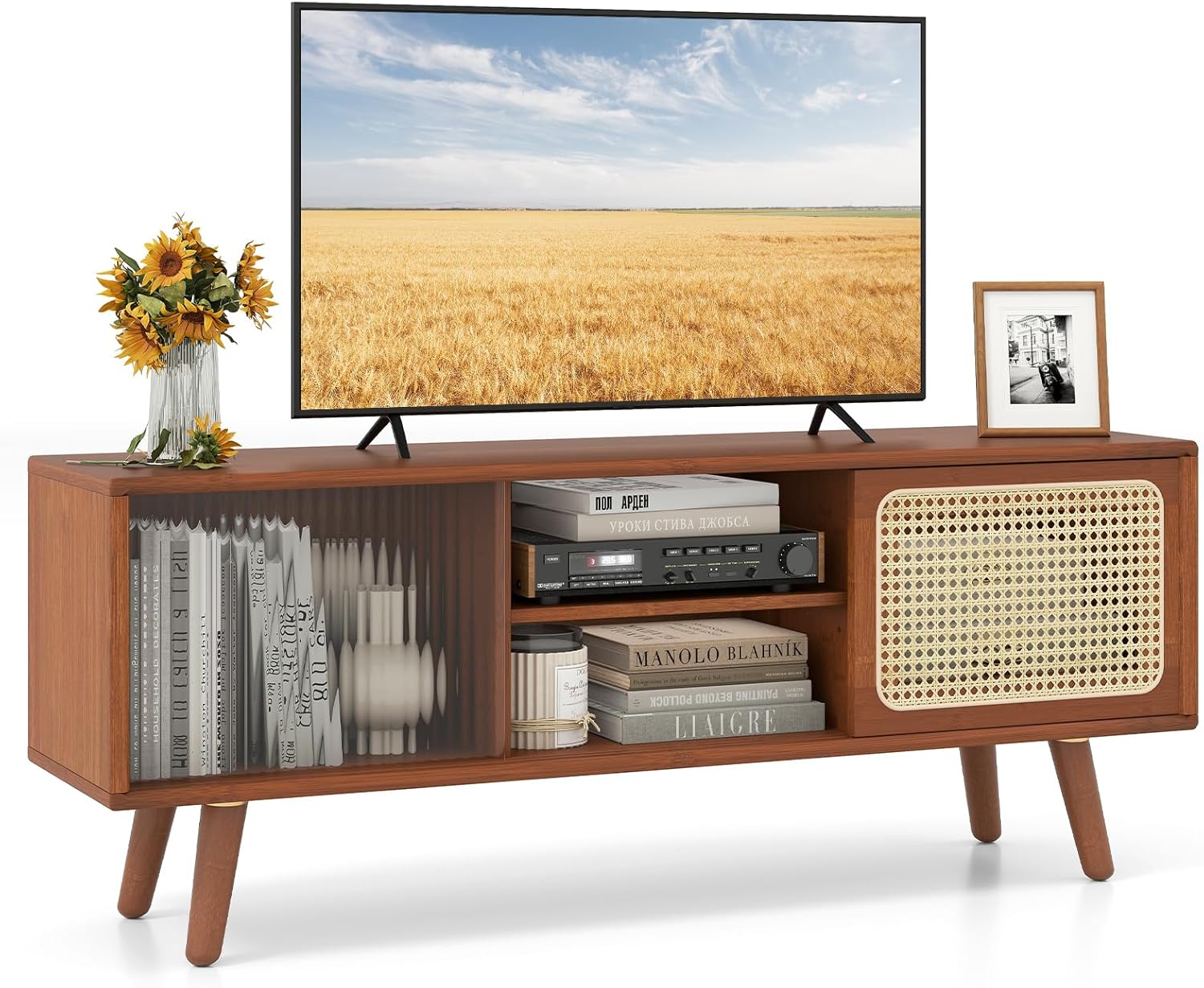 Mebel pod telewizor z bambusa z 4 przegrodami na telewizor 55", 2 przesuwanymi drzwiami z rattanu i hartowanego szkła, 120,5 x 31 x 45,5 cm, brąz