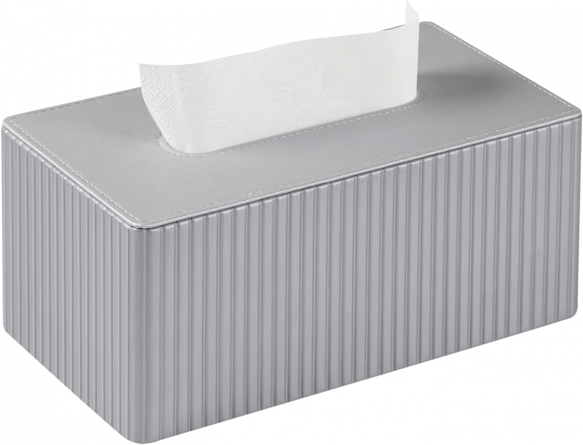Pokrowiec na chusteczkę ze skóry w paski do łazienki, sypialni, salonu, biura – 1 sztuka, srebrny, 25 × 13,5 × 11 cm