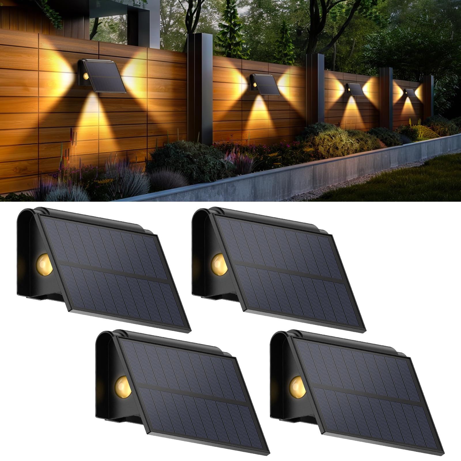 Lampy solarne na zewnątrz, zestaw 4 solarnej lampy ściennej na zewnątrz, wodoodporne IP65, 2 tryby oświetlenia, ciepła biel 3000 K