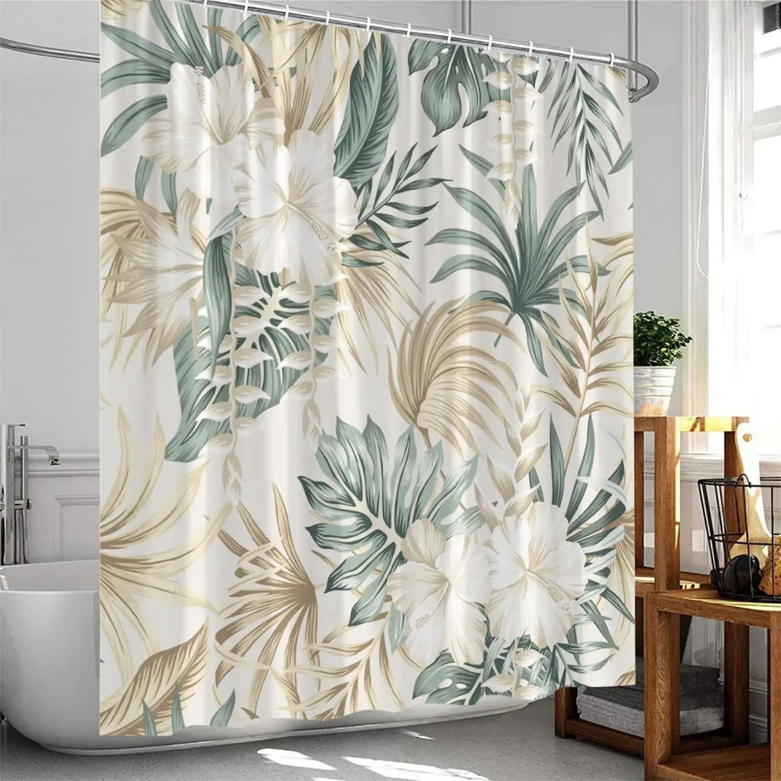 Tropikalna zasłona prysznicowa 180 x 200 cm do łazienki, wodoodporna poliestrowa zasłona prysznicowa z 12 haczykami i przelotkami, zielona palma