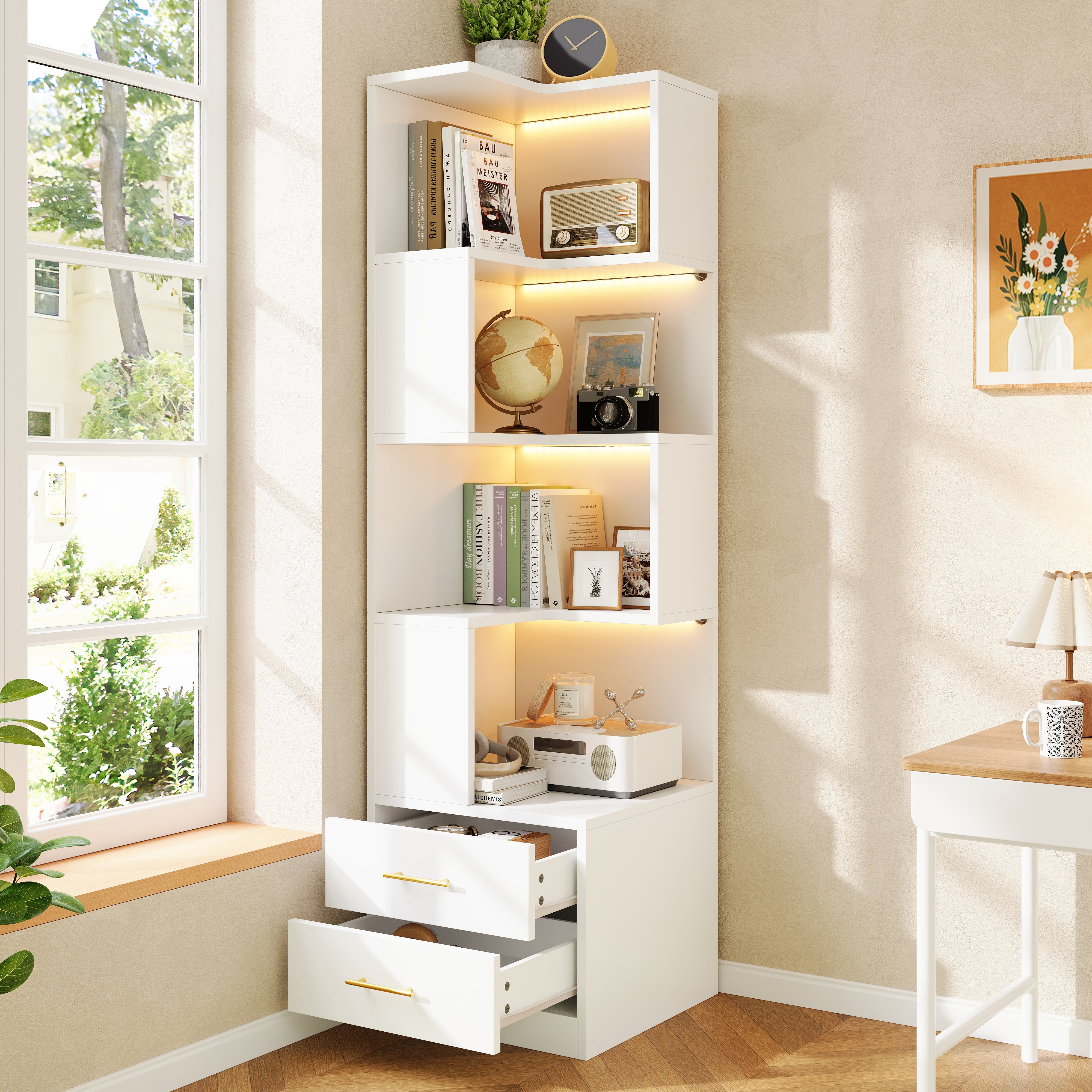 Regał narożny w kształcie litery L 45 x 45 x 165 cm - z oświetleniem LED - 2 szuflady i 4 poziomy przechowywania - MDF - Biały