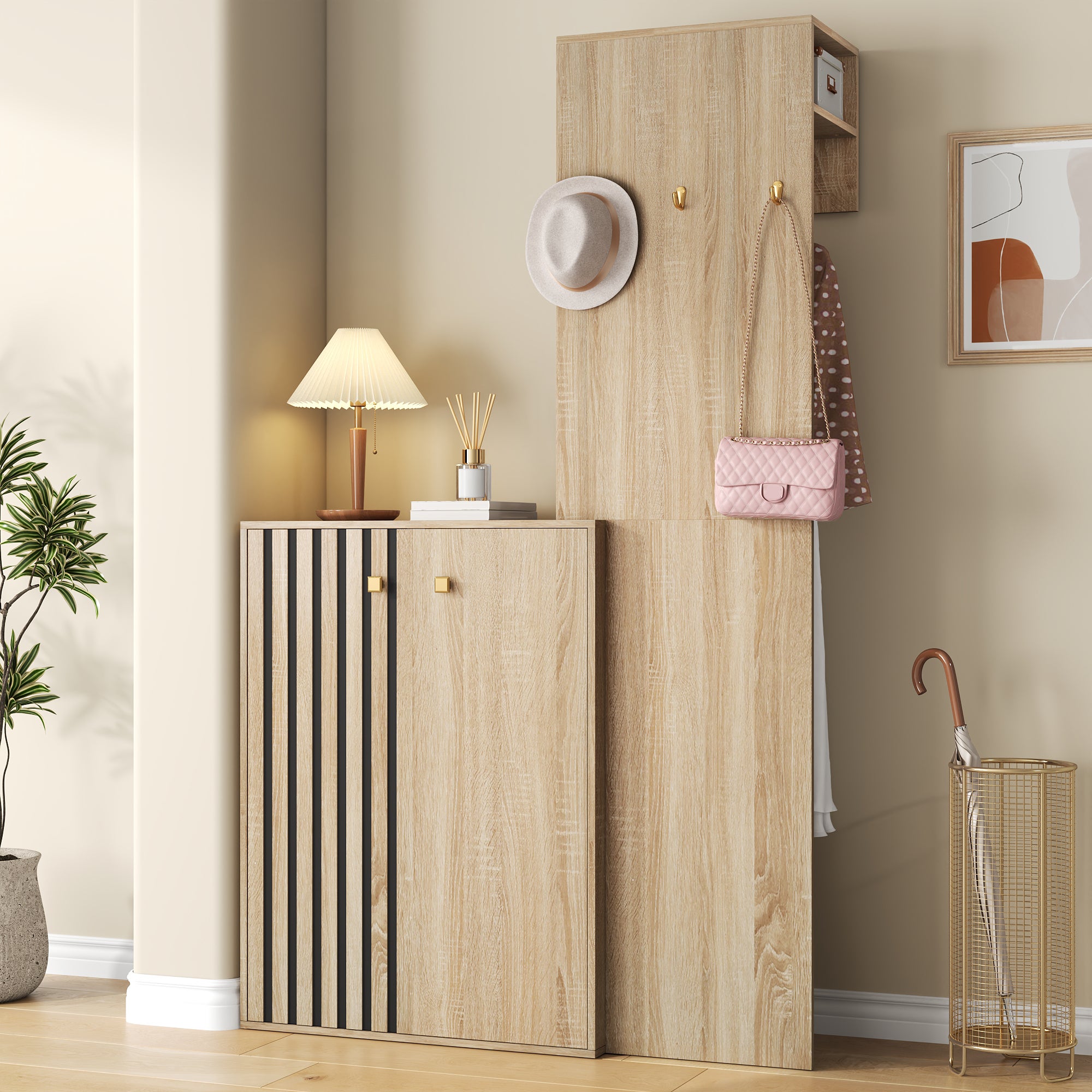 Szafka na buty z 2 drzwiami, haczykami, drążkiem na wieszaki i regulowanymi półkami - MDF - 115 x 38,5 x 191,5 cm - Drewno naturalne