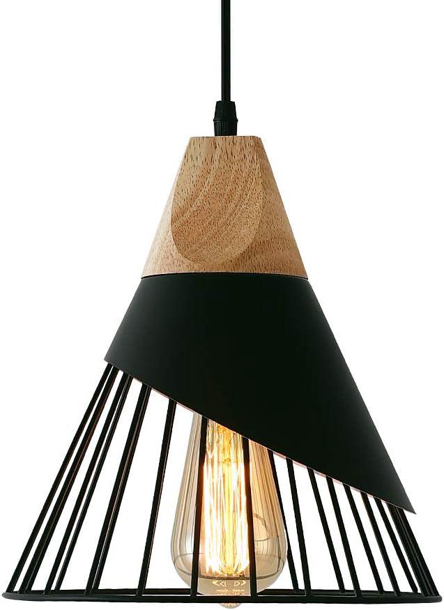 Lampa wisząca Vintage, drewno metal design Lampa sufitowa przemysłowa, klosz 27 Applique d'Eclairage, czarny