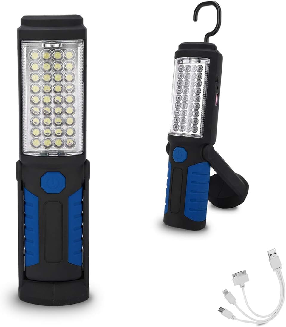 Akumulatorowa latarka robocza LED – przenośna latarka magnetyczna z haczykiem, wielofunkcyjna, wodoodporna lampa zewnętrzna (niebieska)