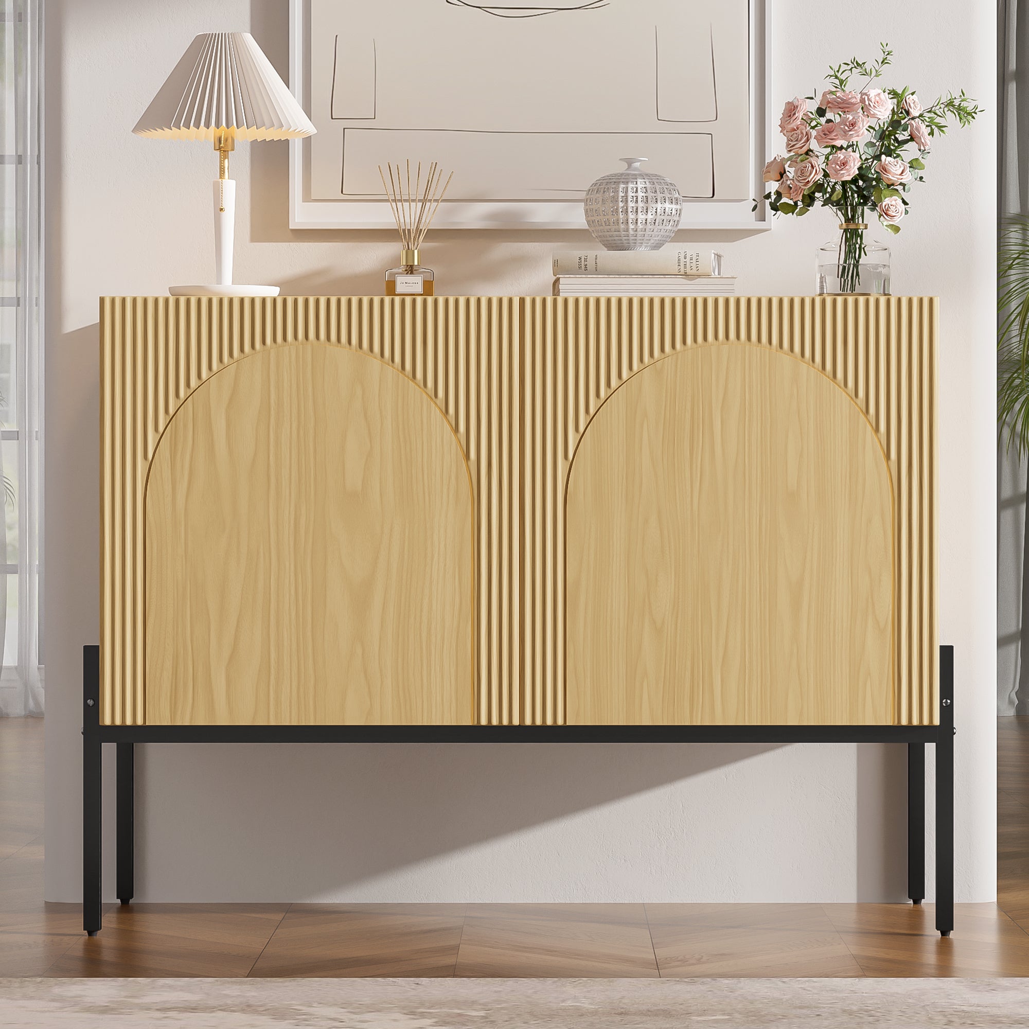 Komoda 2-drzwiowa z metalowymi nogami i ryflowanym wzorem - Płyta wiórowa - 100 × 40 × 75 cm - Drewno naturalne