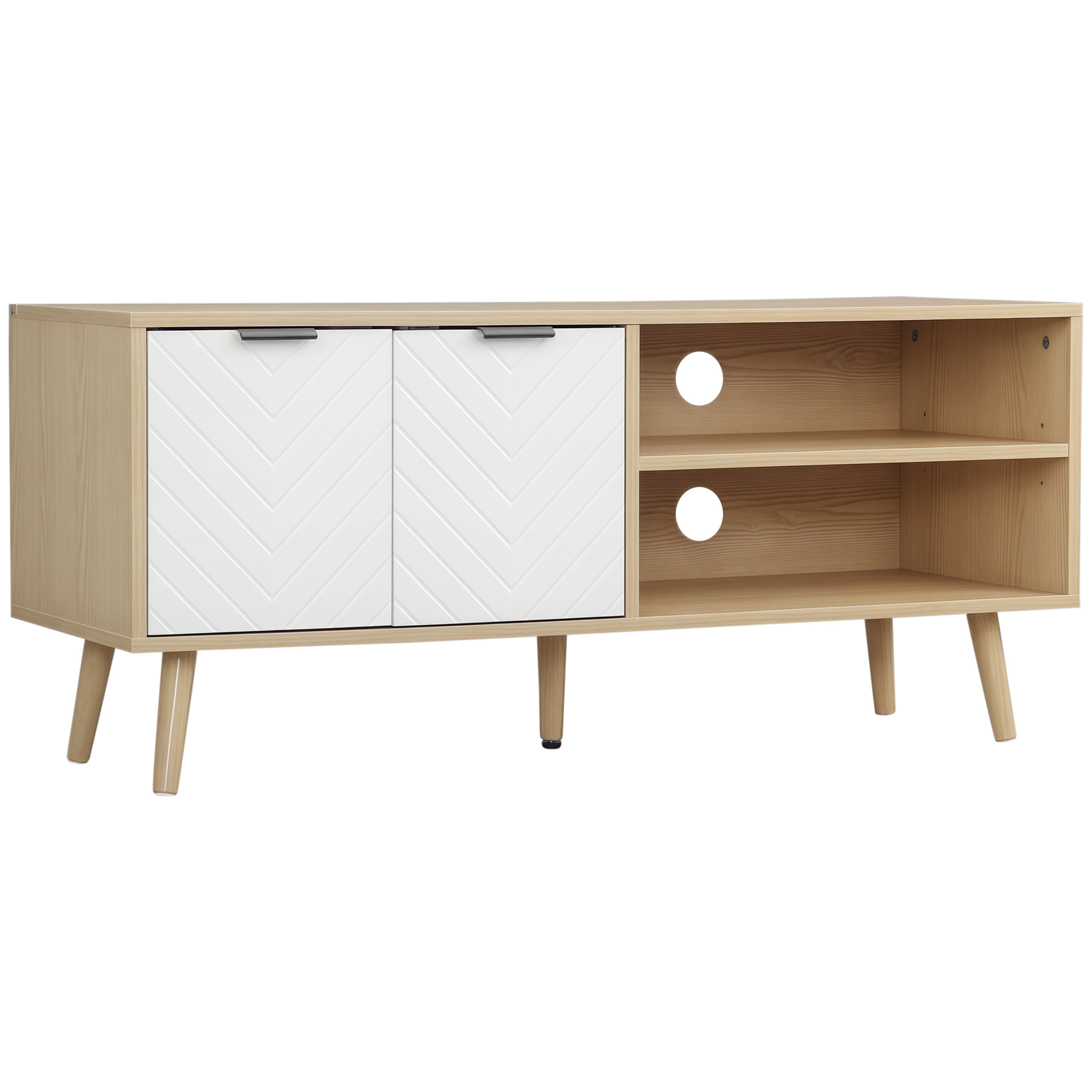 Nowoczesna szafka RTV z 2 drzwiami i 2 półkami do telewizorów do 46", 110x39x48,8 cm, kolor naturalny i biały