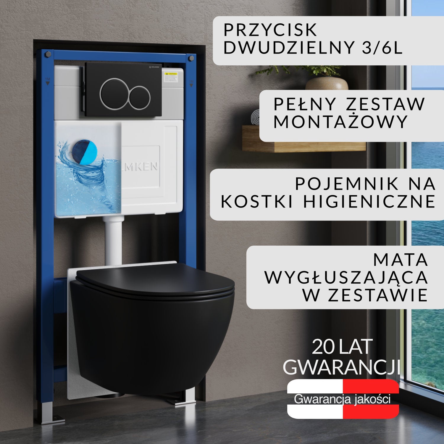 Zestaw podtynkowy WC Helmken 6w1: Czarny Przycisk (E), Miska bezkołnierzowa Rimless (Matowa Czarna), Deska wolnoopadająca, Pojemnik na kostki, Mata