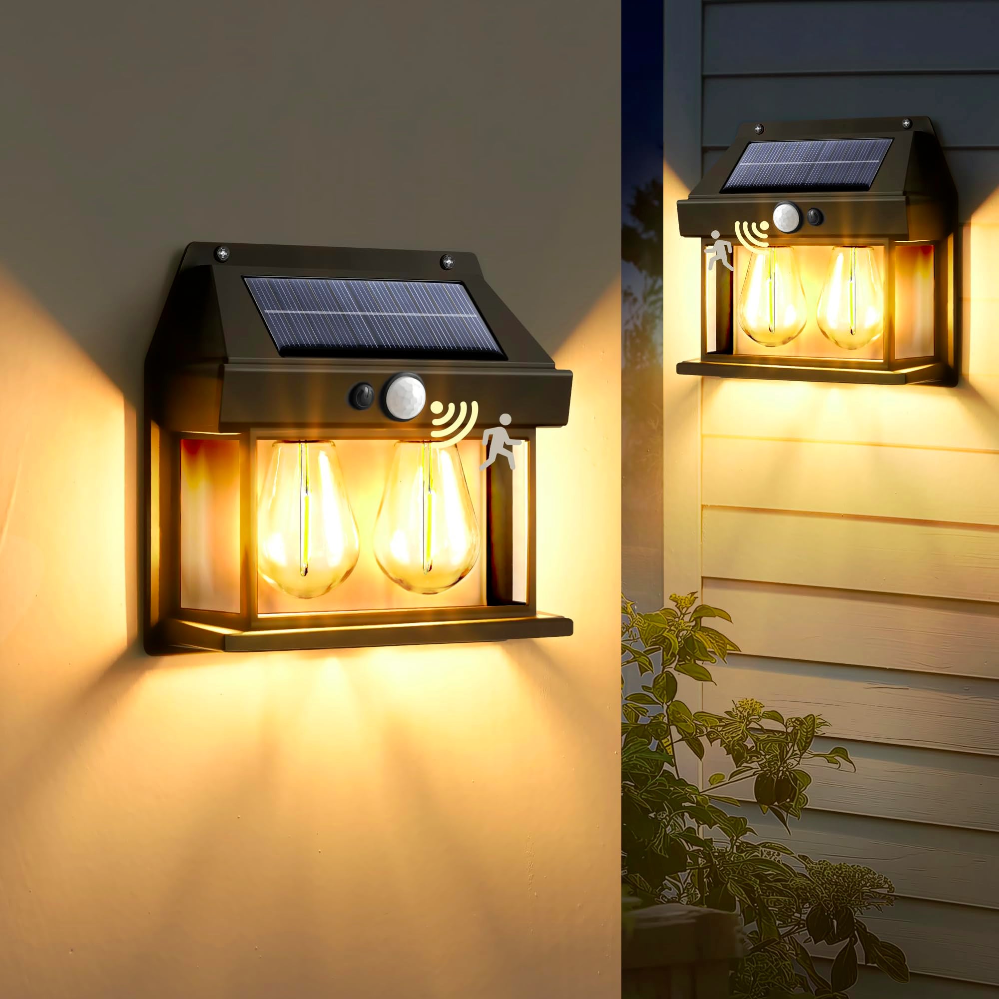 Zewnętrzne lampy ścienne solarne z podwójną żarówką, 2 sztuki, oprawa ganku od zmierzchu do świtu, 3 tryby i czujnik ruchu, czarne