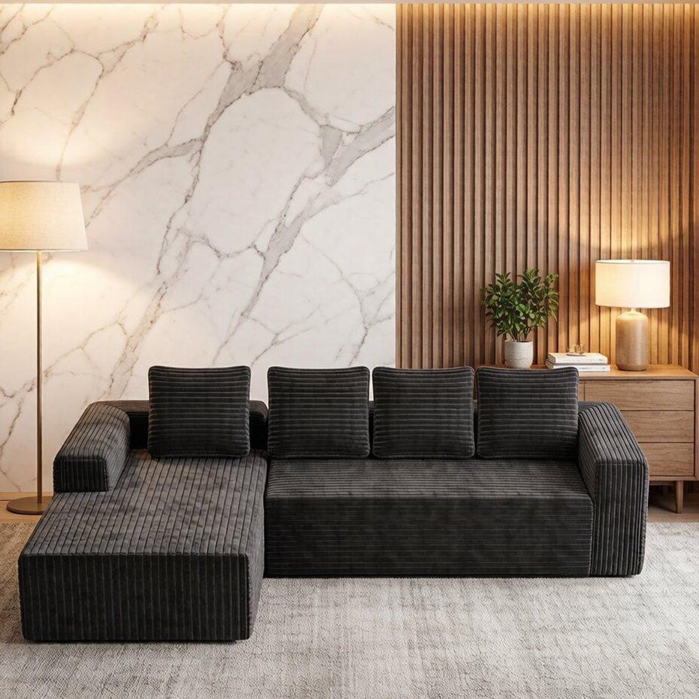 Głęboka sofa modułowa z szezlongiem po prawej stronie, gotowa do montażu, aksamitny sztruks, szara
