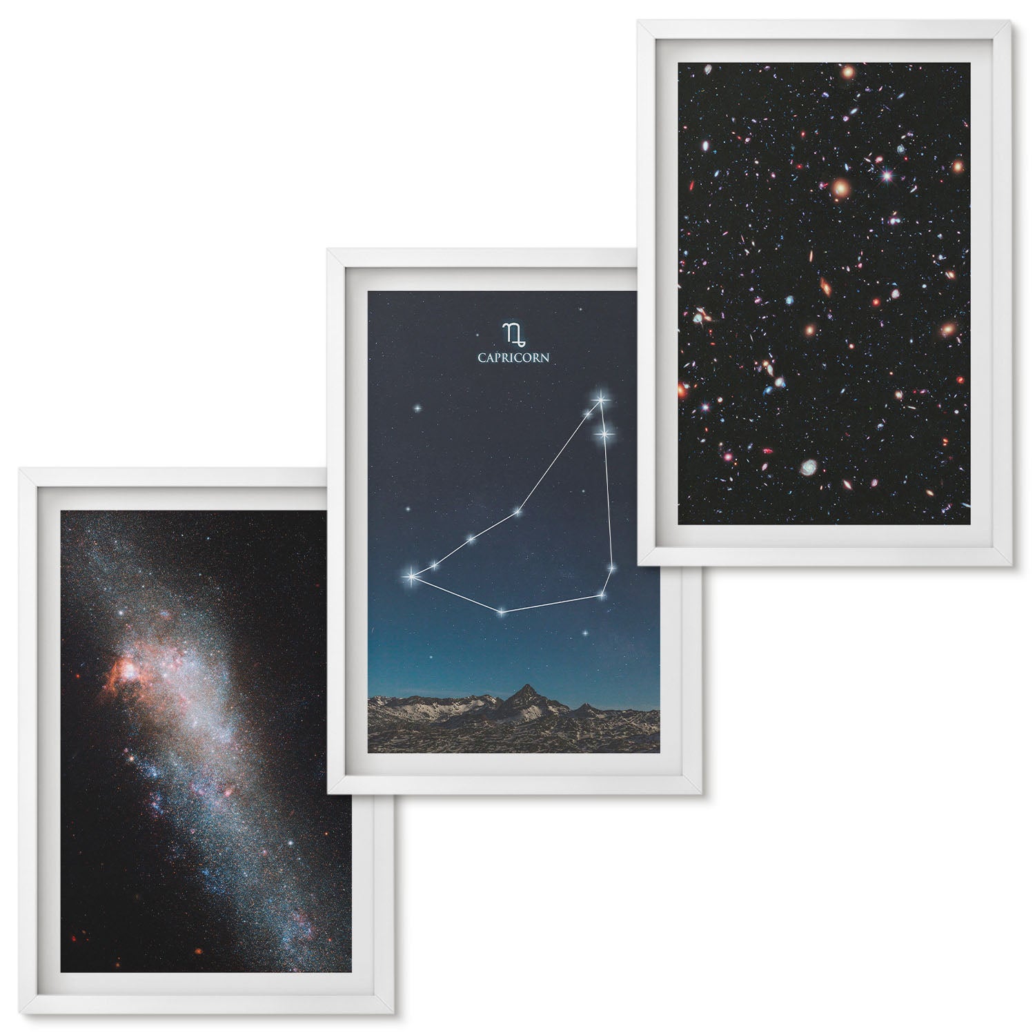 Zestaw obrazów w ramie - 3 części | Galaktyka konstelacja Koziorożca i gwiazdy | Biała ramka