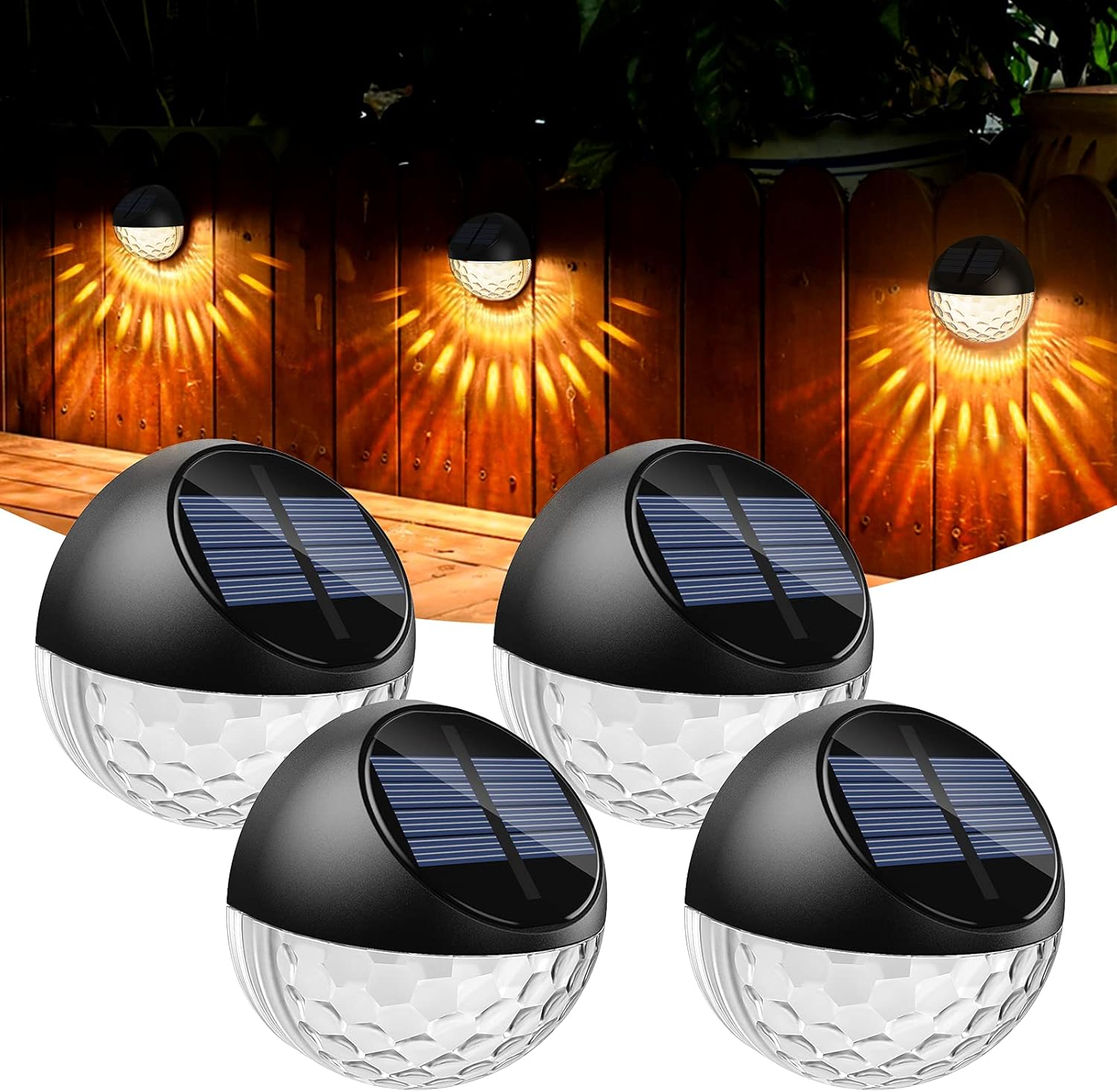 Zestaw 4 zewnętrznych lamp solarnych LED, wodoodporna lampa ścienna dekoracyjna IP65, ciepłe białe światło, kinkiet do