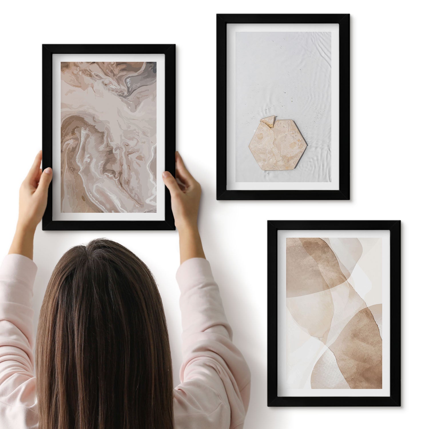 Galeria ścienna 3-częściowy komplet obrazów w czarnych ramach - Designerska abstrakcja inspirowana naturą - ArtPrintCave